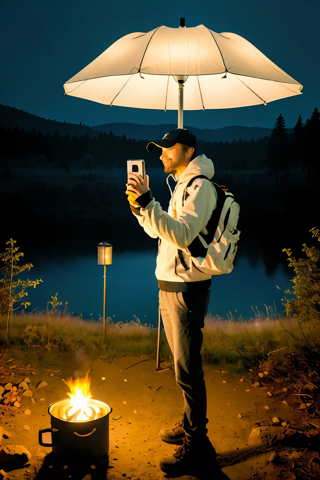 1 woman ((upper body selfie, happy)), masterpiece, best quality, ultra-detailed, ground, outdoor, (night), mountains, nature, (stars, moon) cheerful, happy, backpack, bag sleeping, camping stove, water bottle, mountain boots, gloves, sweater, hat, lantern, forest, stones, river, wood, smoke, shadows, contrast, clear sky, style, (warm hue, warm tone)