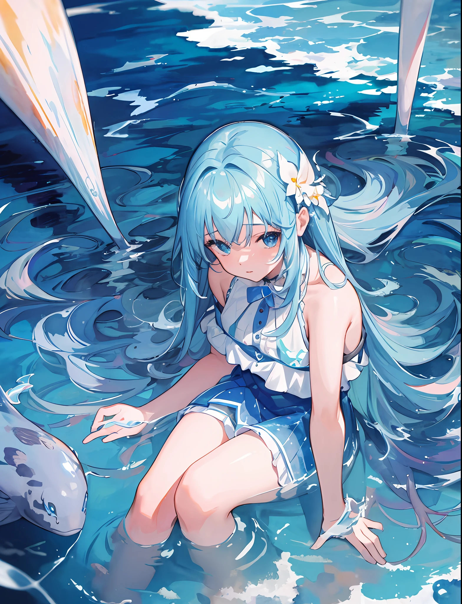 Anime girl in a blue dress sitting in the water with a fish - SeaArt AI