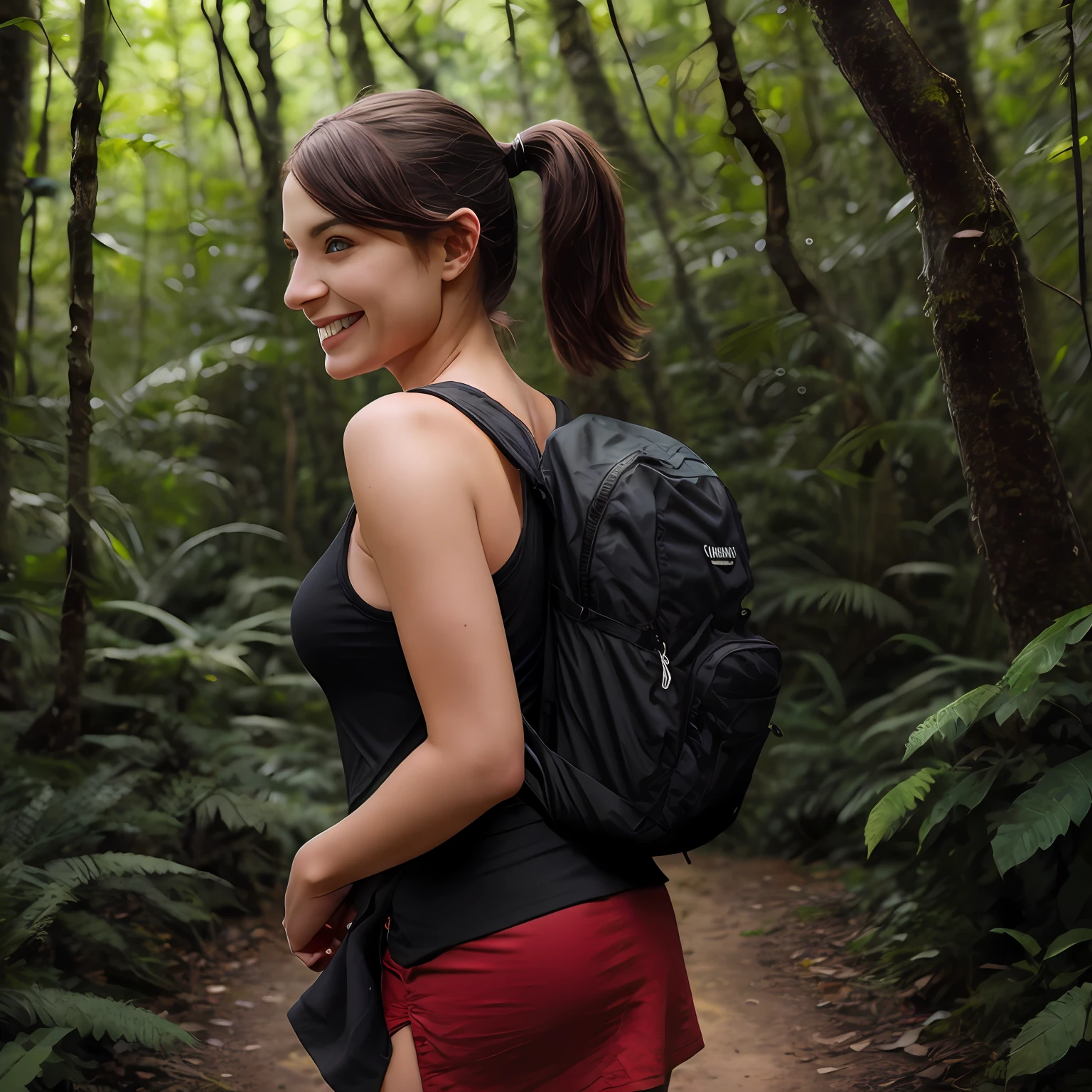 (photorealistic:1.1) Young woman looking back over her shoulder and smiling while hiking in a dense forest, long ponytail, wearing a red tank top and black miniskirt and hiking boots, wearing backpack, lush vegetation, beautiful woman, stunning scenery --auto