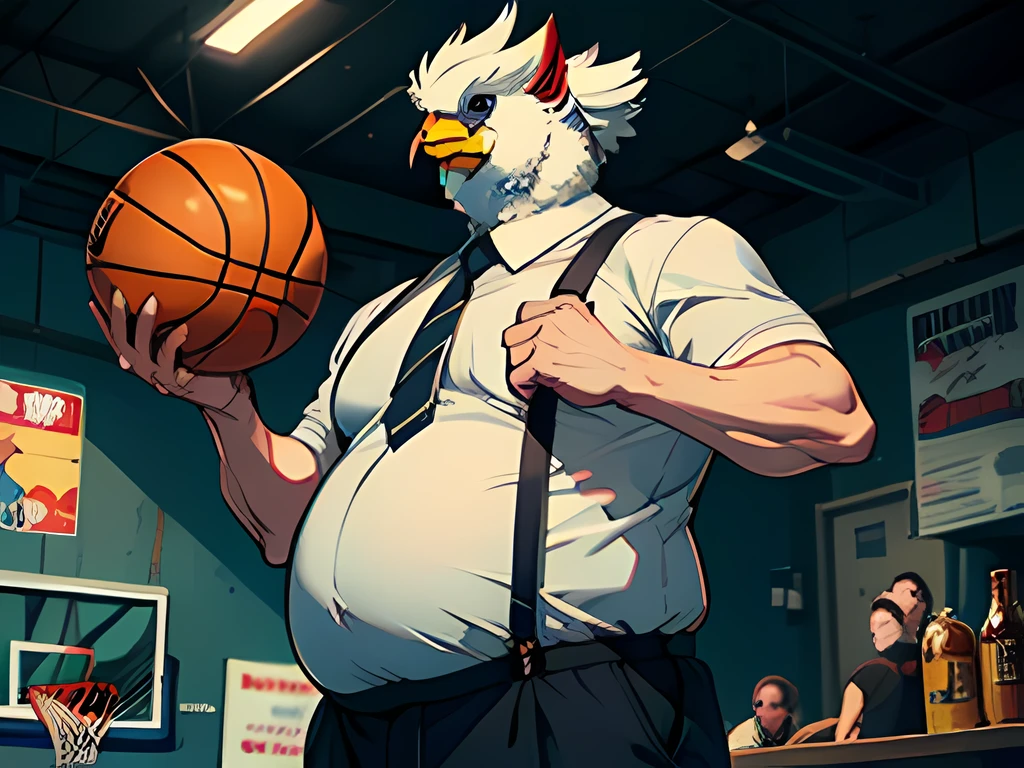 A chicken in suspenders, holding a basketball, big belly, beer belly, highest quality, super detail, masterpiece, high resolution, (8k), (super detailed CG),