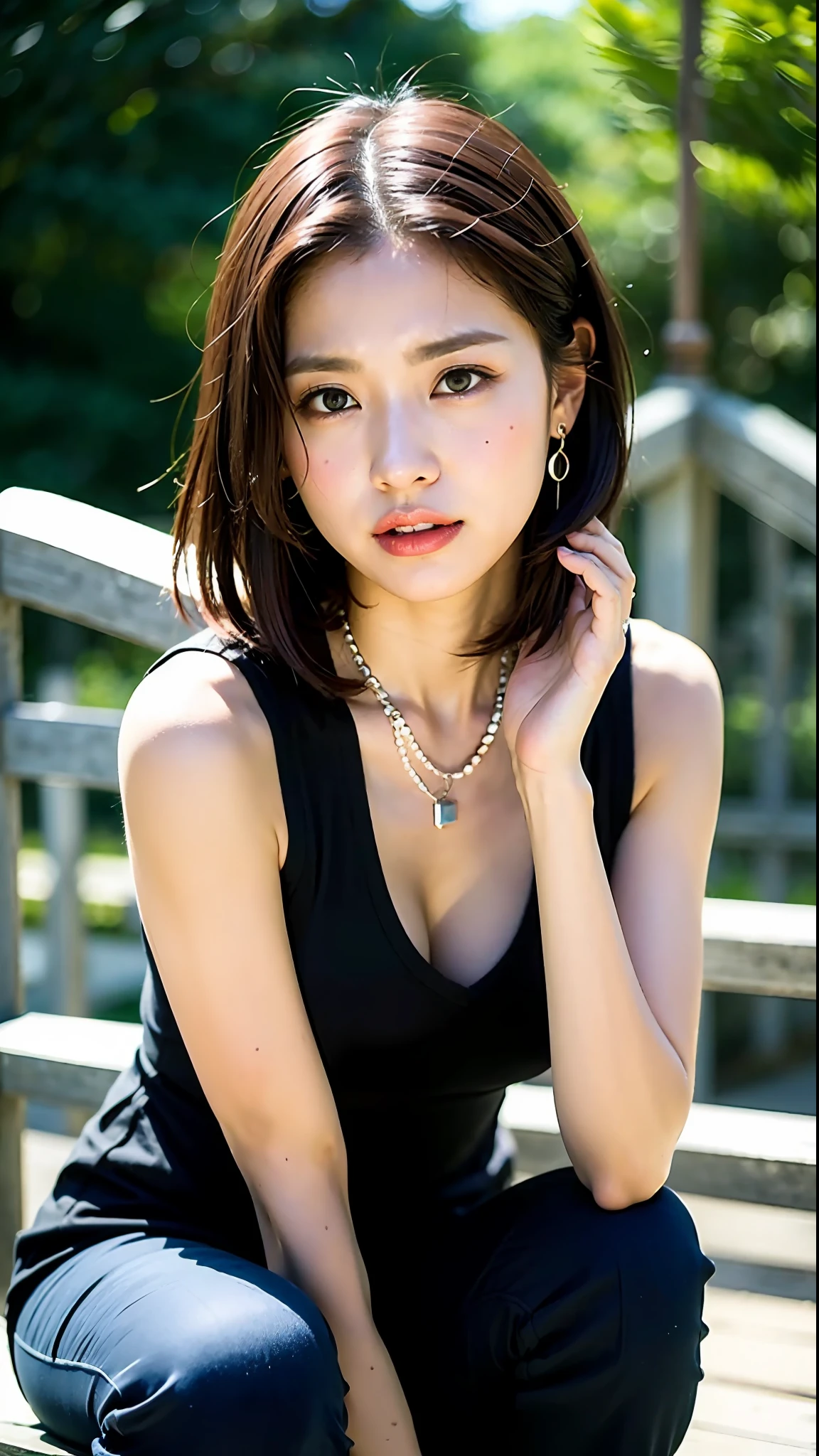 (Best Quality, 8k, 32k, Masterpiece, UHD: 1.2), Cute Japan Woman Photos, Black Short Hair, Beautiful Face, (Slouch: 1.3), Squatting, (From Top: 1.2), (Close-Up: 1.4), POV, Loose Sleeveless Dress, Big Breasts, (Beautiful Nipple Slip: 0.9), Outdoors, Wind, Glossy Skin, Blurry Background, Necklace, Earrings