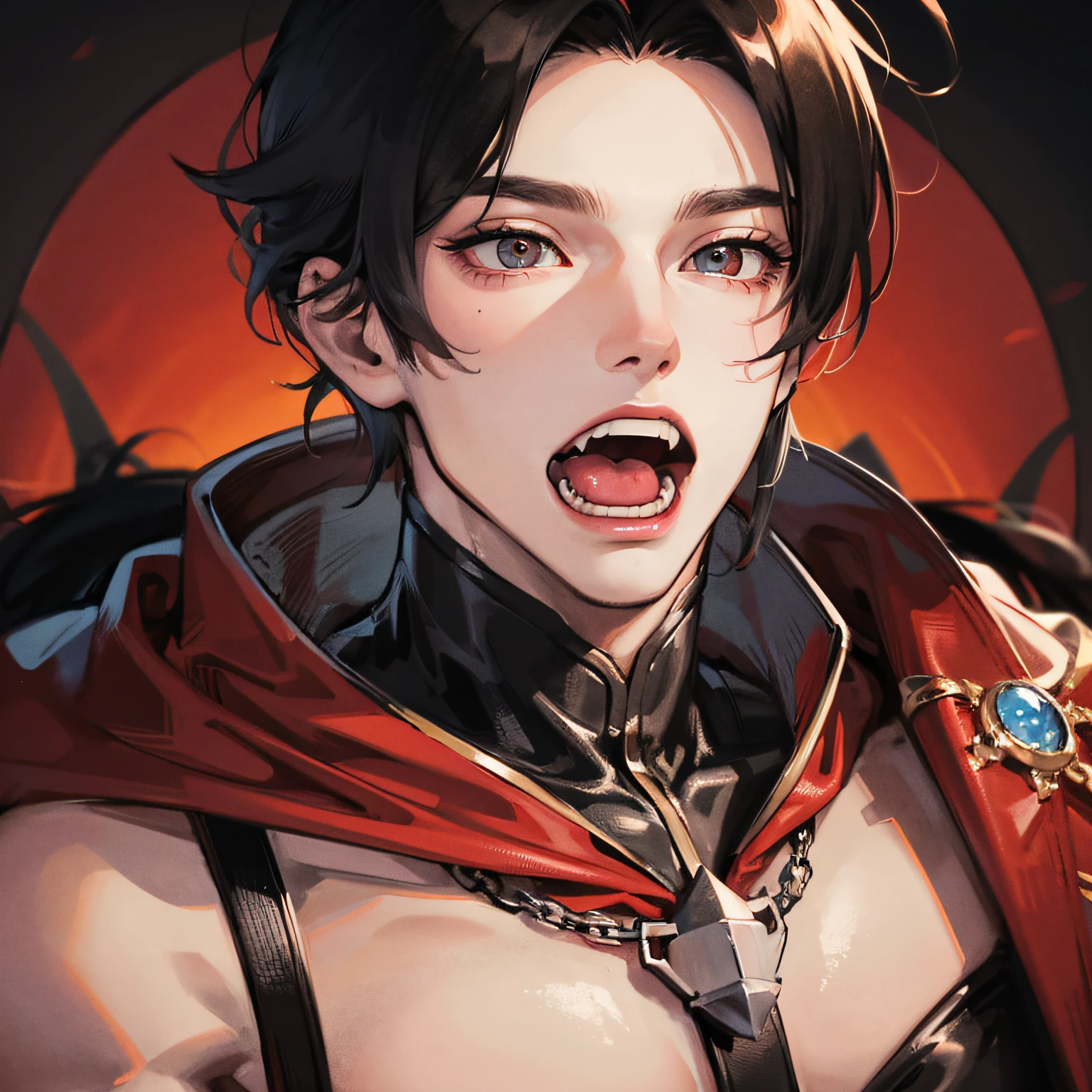 Absurd, high resolution, super detailed), 1 male, adult, handsome, tall muscular man, broad shoulders, scarlet eyes and delicate face, black hair, fantasy, vampire, fangs, fangs