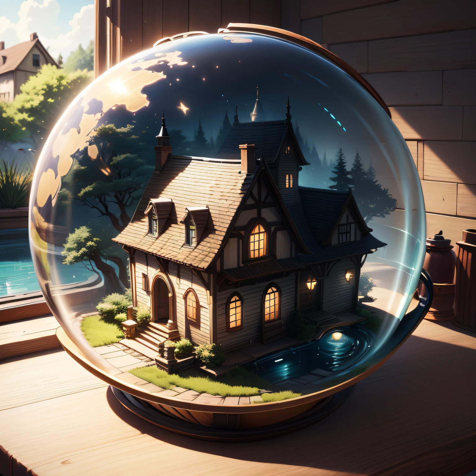 White background, a summer globe, small, with a house inside, summer, trees, and a pond, white background