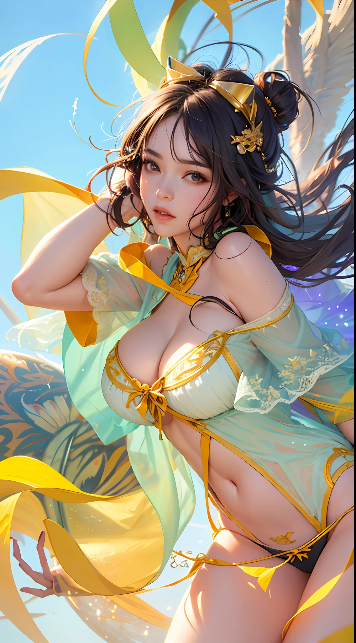 (Perfect Body 1.5), (Huge Breasts 1.5), (Huge Cleavage 1.5), (Exposed Breasts), (Sheer Underwear), Breasts Larger Than Torso, Crazy Bloated Breasts, Ill-fitting Clothes, Snow-White Skin, Style Art Germ, Extremely Detailed Art Germ, IG Model, (Best Quality), Ultra Detailed, Ultra Realistic, Octane Renderer, High Dynamic Range, (HDR), 32K Resolution, Super Resolution, Megapixels, Tyndall Effect, Lens Vires, Shadows, backlight, depth of field, natural lighting, hard focus, film grain, mirror hologram, ray tracing,