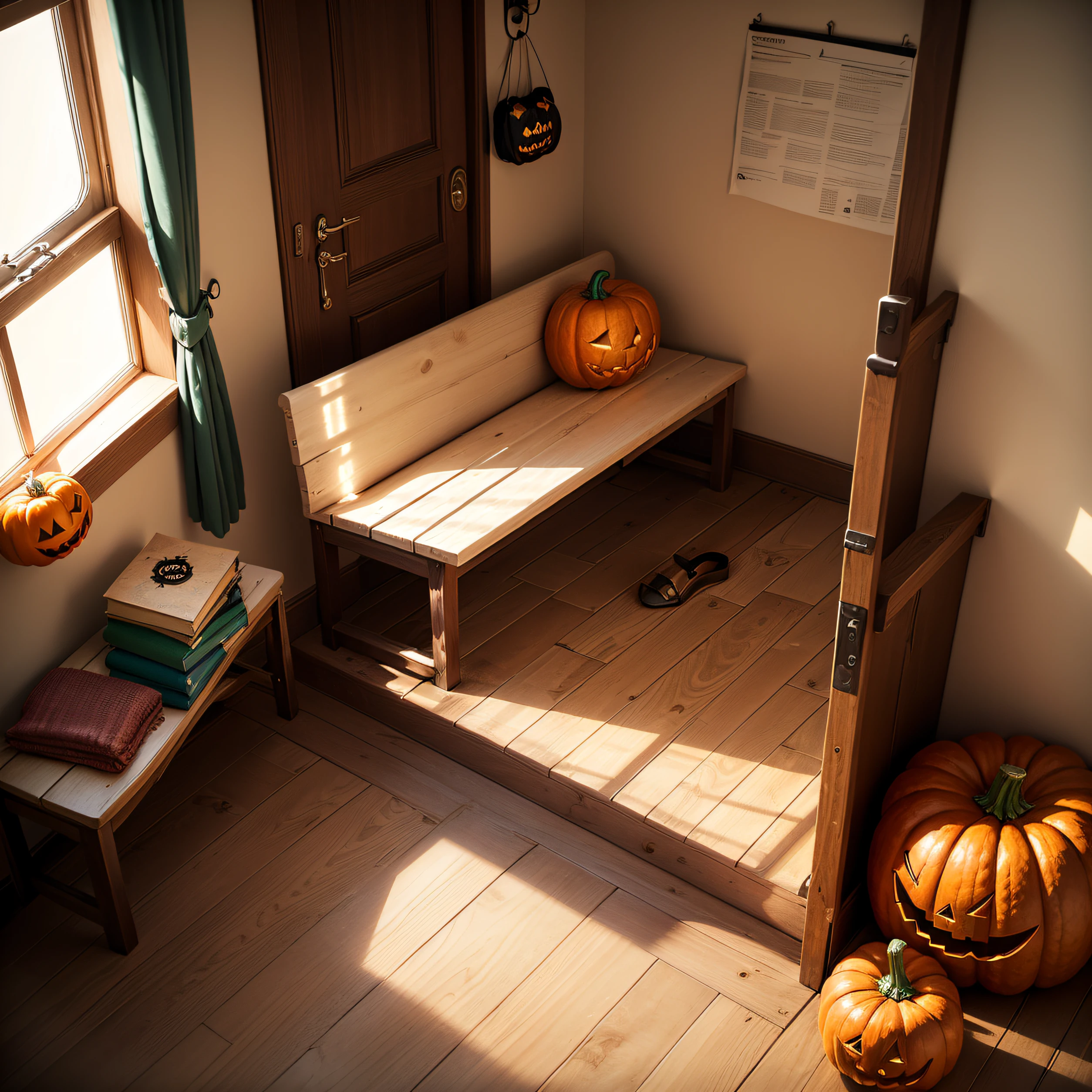 Entrance shoe changing area, ground, Halloween atmosphere, entryway, bench, realistic style, photographic pictures, pumpkin --auto