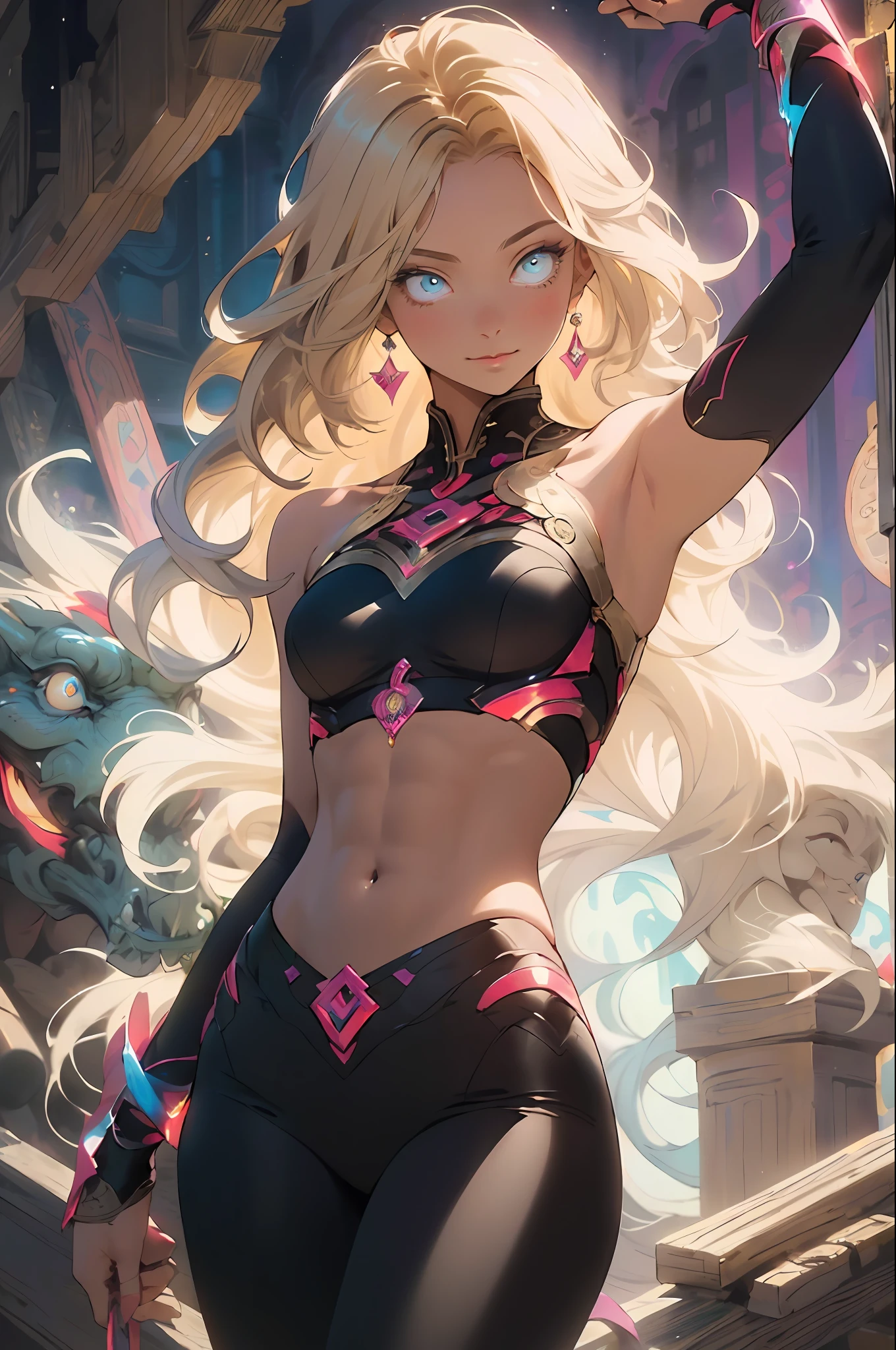 Realistic, (masterpiece, top quality, best quality, official art, beauty and aesthetics: 1.2), very detailed, fractal art, colorful, most detailed, zentangle, (abstract background: 1.5) (1girl), gods, blonde hair, long hair, (glowing blue eyes), abs, mysterious, (magic), crystal, red black tights