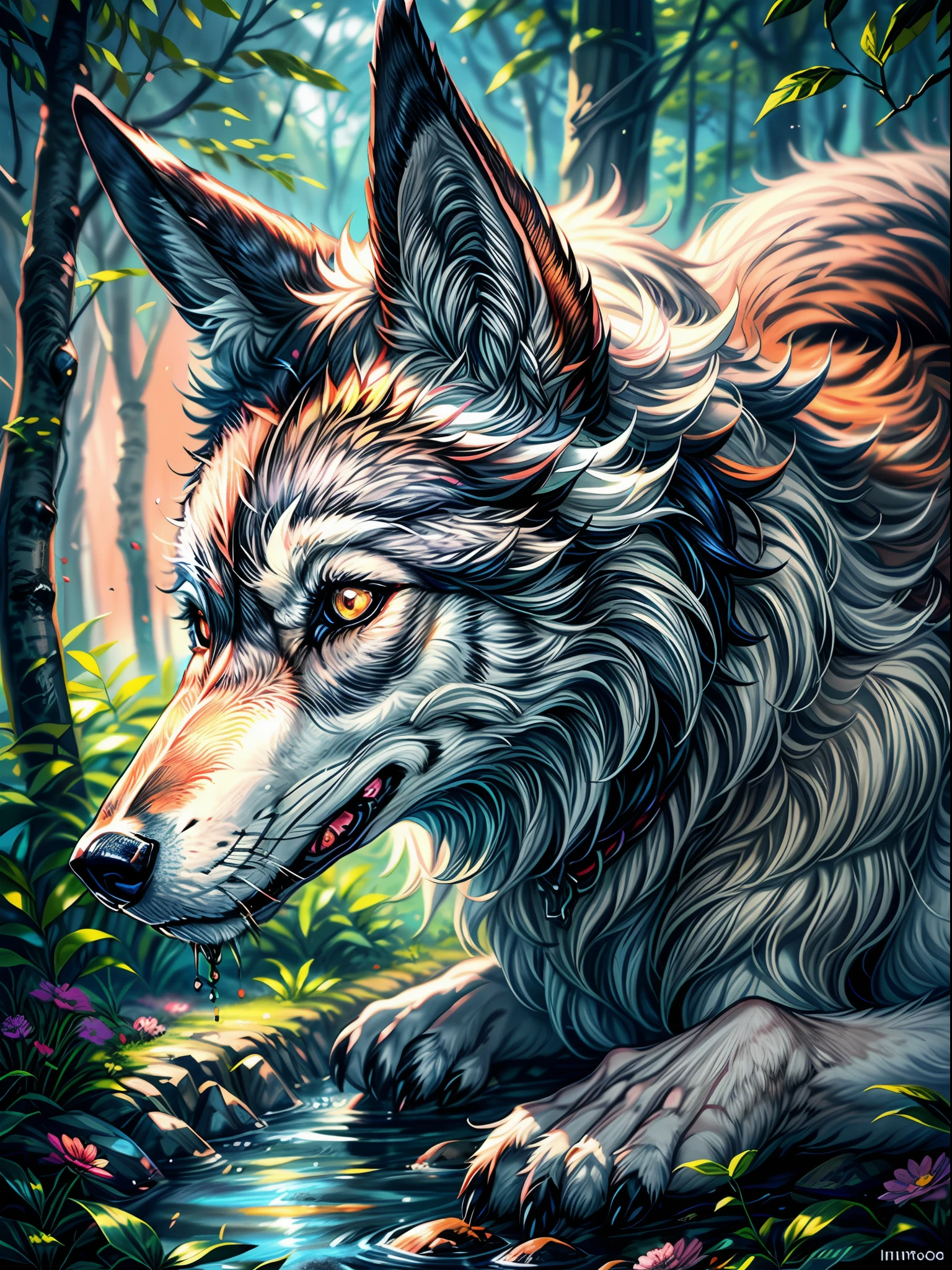 this stunning digital artwork, a vibrant and captivating depiction of a wolf takes center stage. The illustration emphasizes intricate details, bringing the wolf to life with a burst of colors and textures. The wolf's fur is portrayed with meticulous attention to detail, showcasing a mix of shades including various tones of grey, white, and brown, each strand of fur beautifully rendered. The wolf's intense gaze is captured in its bright, piercing eyes, exuding a sense of wisdom and strength.
The surrounding environment showcases a lush and vibrant wilderness. Tall, towering trees create a lush canopy overhead, their leaves dappled with sunlight, casting enchanting patterns on the forest floor. Colorful flowers bloom at the wolf's feet, adding a touch of vibrancy to the scene. A gentle stream meanders through the forest, reflecting the vivid colors of the surroundings. The air is filled with a sense of tranquility and anticipation, as if the wolf is about to embark on a journey through this mystical realm.
The illustration is brought to life through the skillful use of digital techniques, blending realistic textures and vibrant colors to create a visually stunning portrayal of the wolf. The intricate details and vibrant palette come together to evoke a sense of wonder and admiration for this majestic creature and its natural habitat.