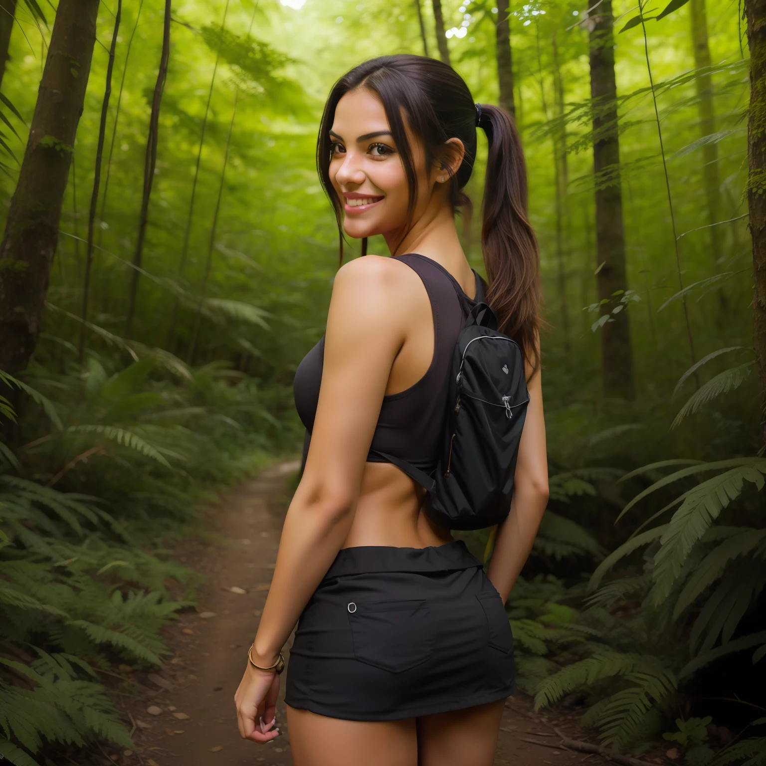 (photorealistic:1.1) Young hispanic woman looking back over her shoulder and smiling while hiking in a dense forest, long ponytail, wearing a red tank top and black miniskirt and hiking boots, wearing backpack, lush vegetation, beautiful woman, stunning scenery