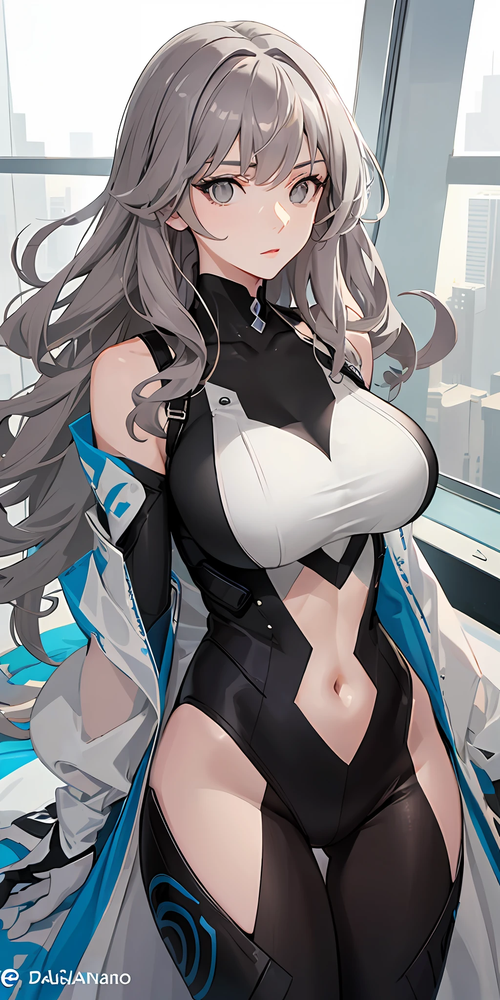 (grey eyes:1.5),bodysuit,dajianTeresa,wavy hair,pale skin,looking at view,large breasts,contemptuous expression,best quality