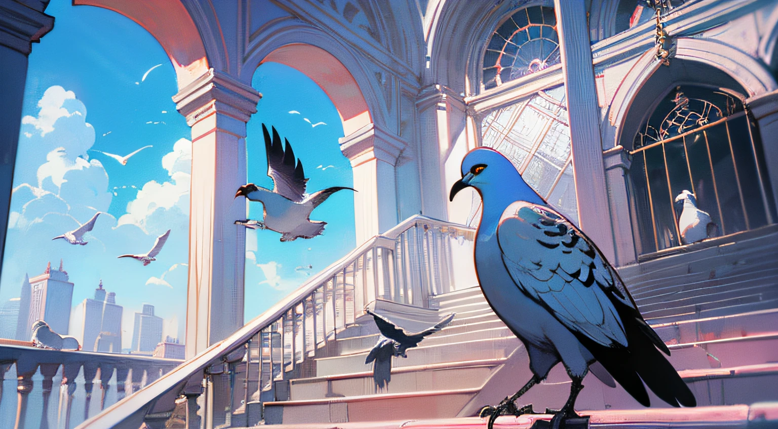 Anime style, digital art, Ultra HD, Ultra detail painting), (high contrast) terrace, pigeon flying, bird painting, bird cage, turkey, chicken, dove, chick, crow, sparrow, blue sky, ceiling stairwell ((Add layer)), dynamic angle, beautiful good weather,16k,