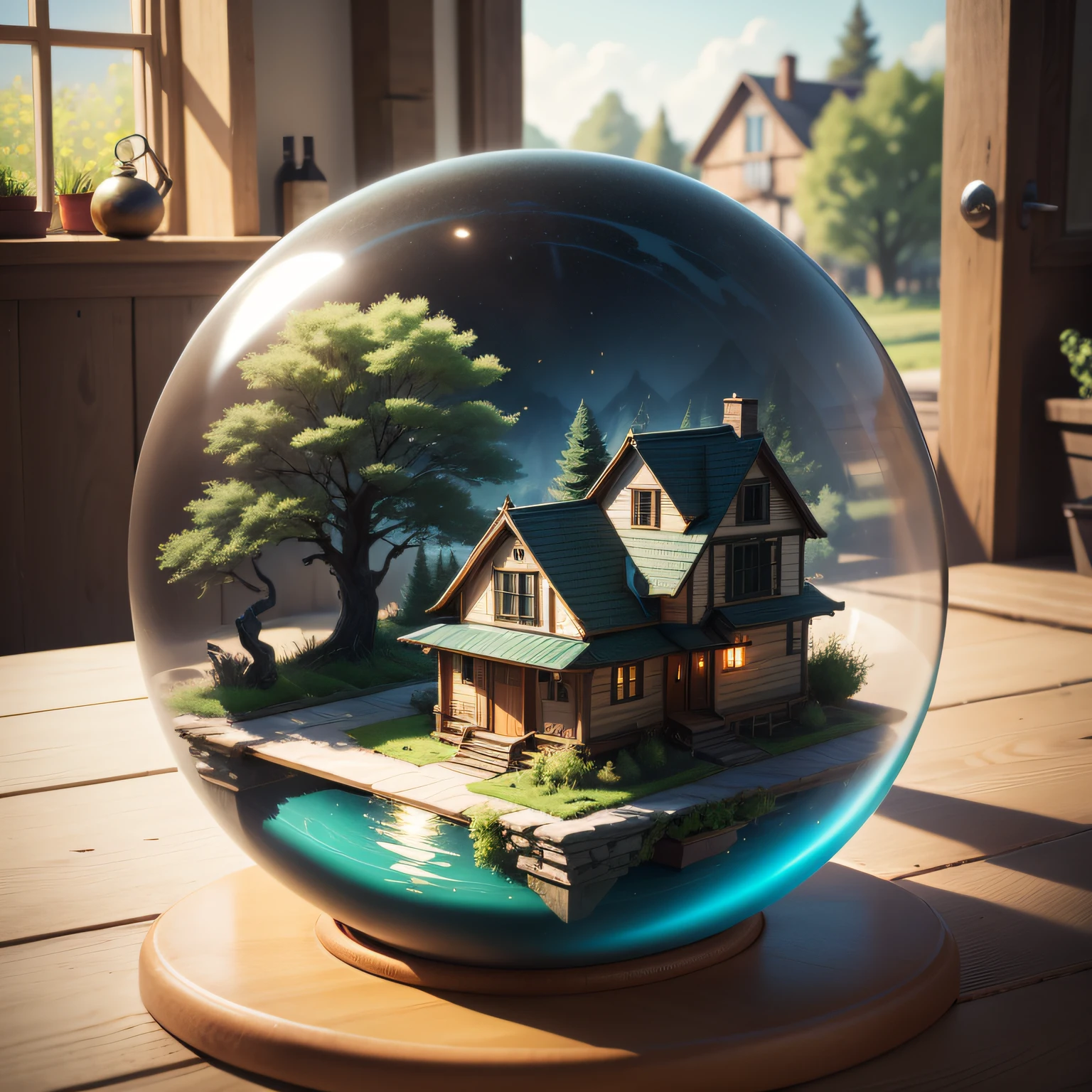 a small, summer globe with a house inside, summer, trees, and a pond