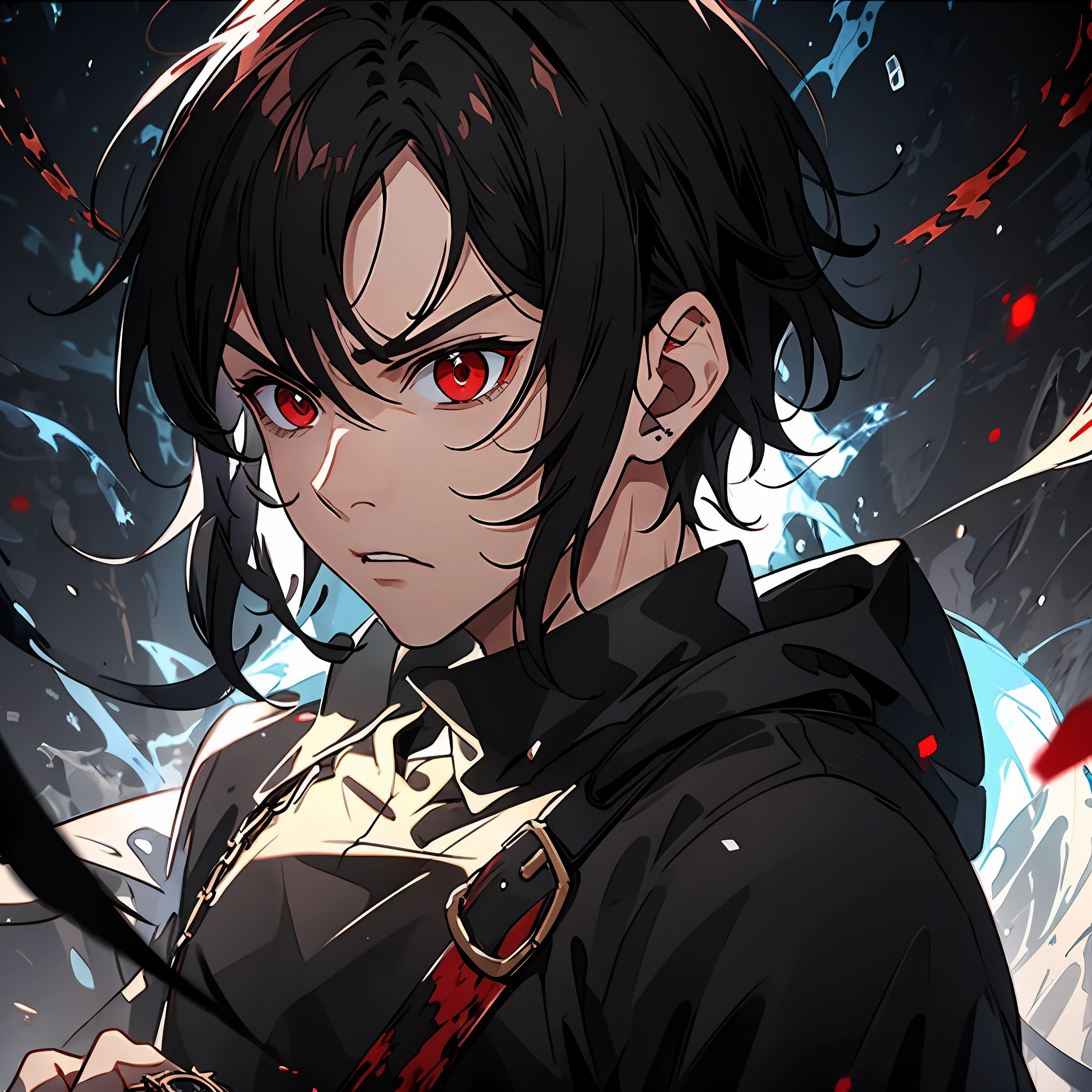 1boy, black hair, black shirt, red eyes, watch, messy hair, 8k resolution, fierce, cold, murderous, angry, bloodstained