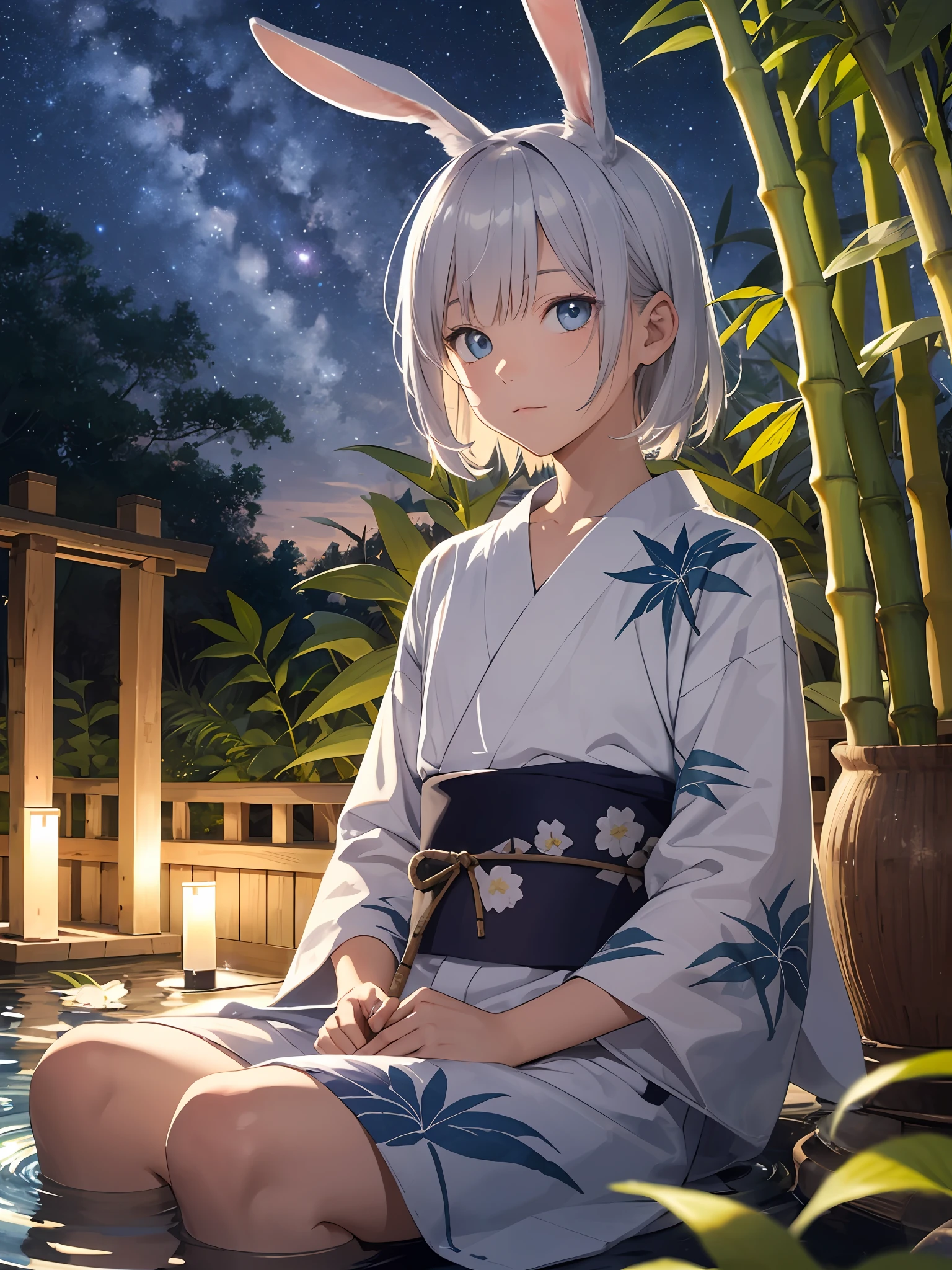 illustration style, cute boy, silver-haired blue-eyed rabbit ears, solo, rabbit ears, rabbit ears, sunny starry sky, milky way, leisurely, sunny night sky, relaxation, stream, inflatable float, carefree atmosphere, refreshing water, yukata, bamboo leaves, bamboo branches, tanabata, boy's body, refreshing water, gentle ripples, comfortable relaxation, bamboo leaves, night sky, lazy night, quiet Japan, man, man, rabbit, rabbit, colorful strip, strip, bamboo