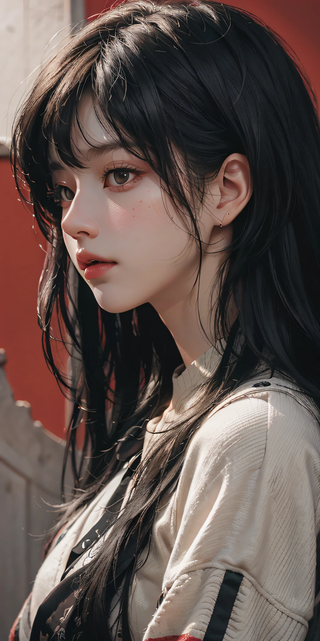 a 20 yo woman,long hair,dark theme, soothing tones, muted colors, high contrast, (natural skin texture, hyperrealism, soft light, sharp),red background,simple background,