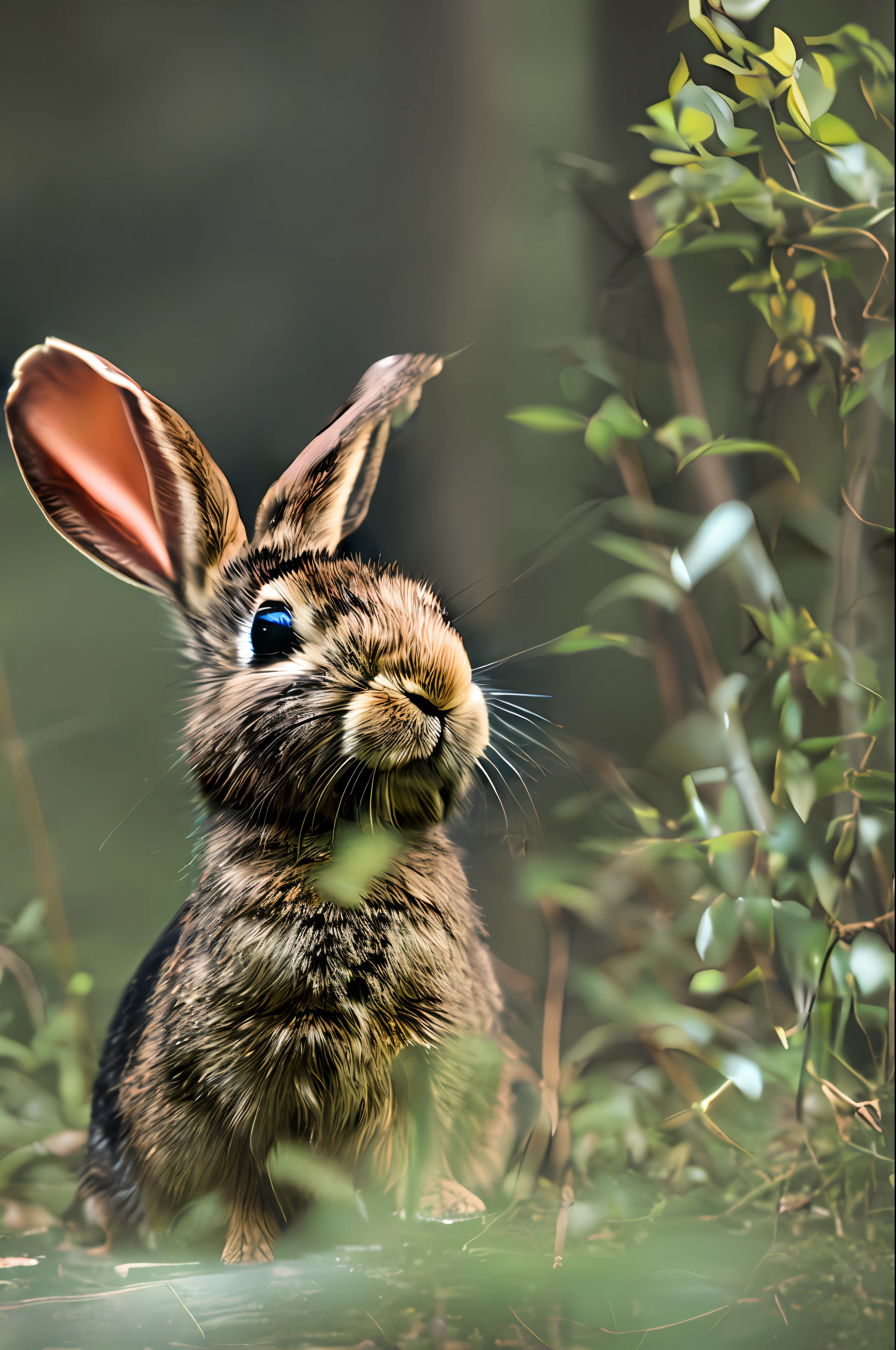 classicnegative portrait photo, fantasy video game character concept art, a evil rugged bunny rabbit wearing a small brown leather backpack looking at a track of blood wandering through a forest, dungeons and dragons, fantasy, river, haze, halation, bloom, dramatic atmosphere, 1970s dark fantasy movie, centred, rule of thirds