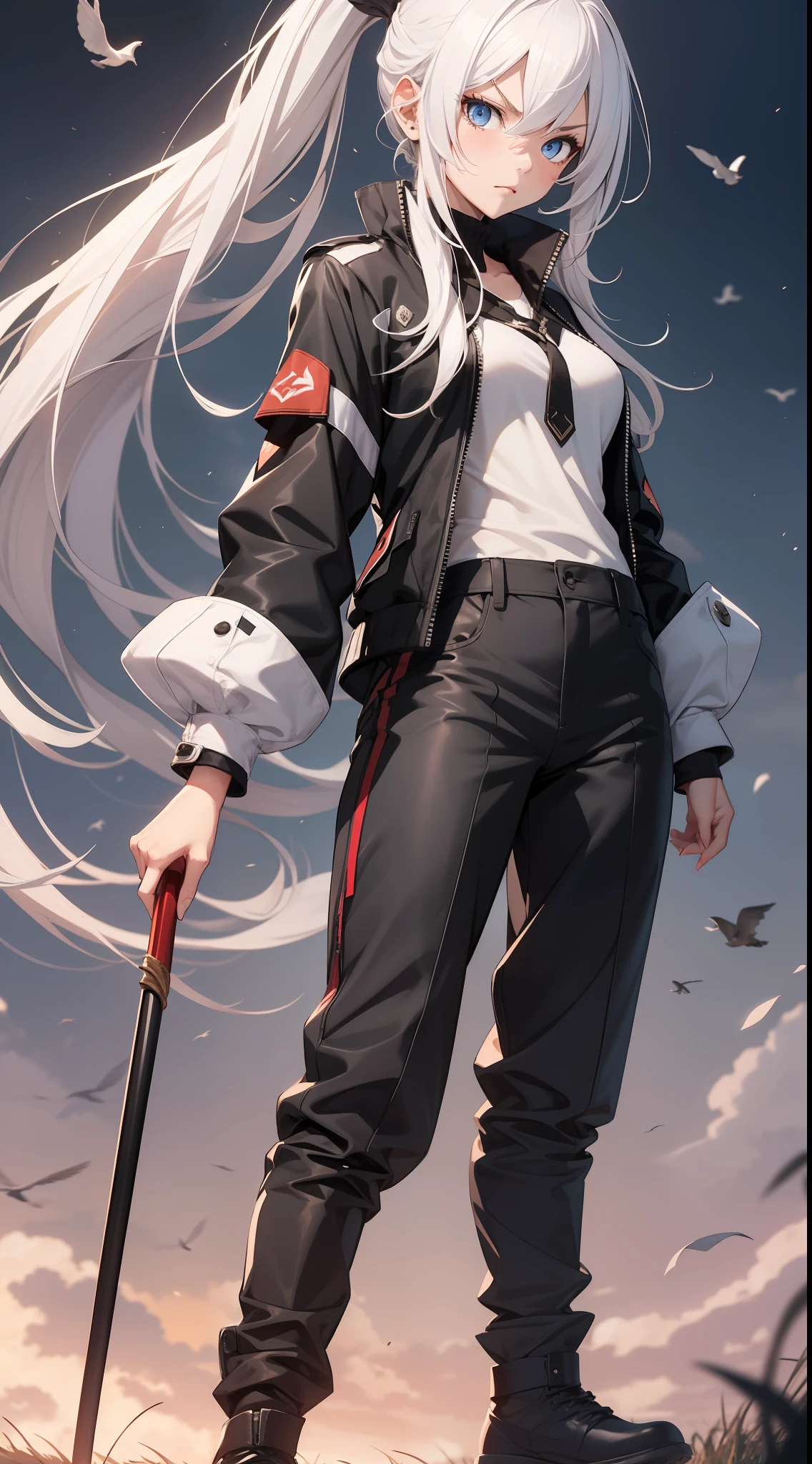 Adult girl, long white hair, high ponytail, blue eyes, angry, dove general's clothes, black trousers, spear, masterpiece, high quality