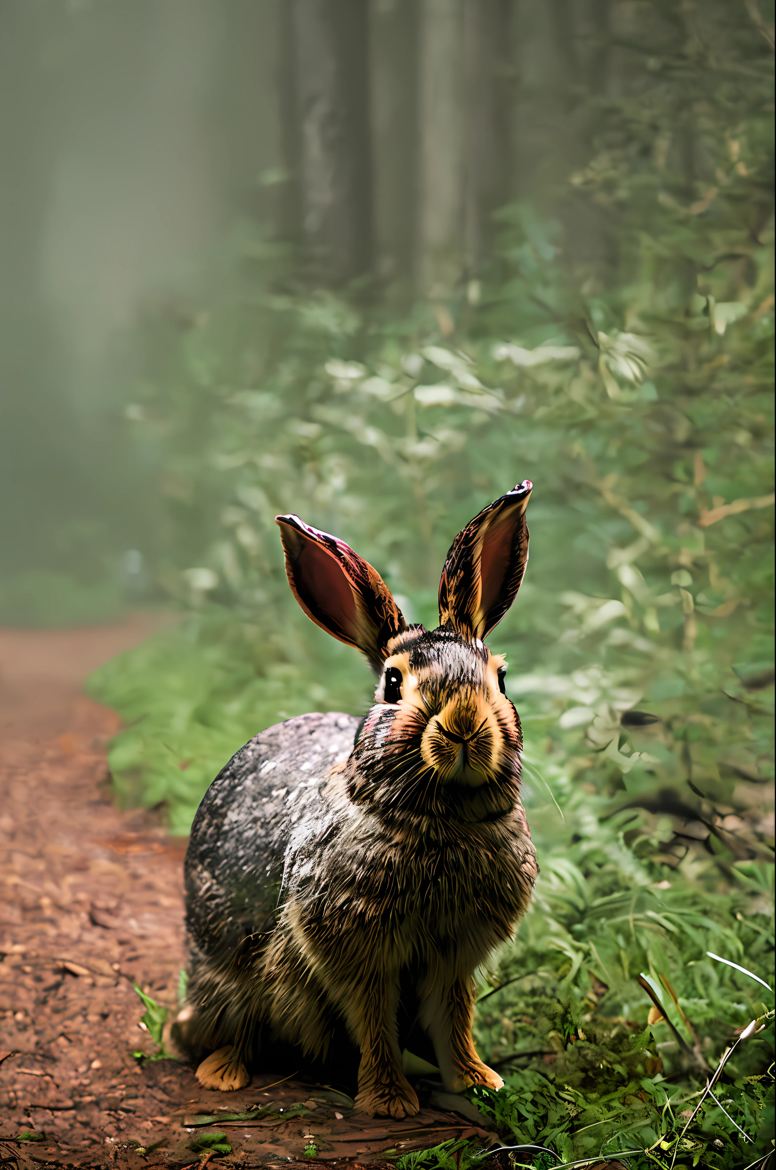 classicnegative portrait photo, fantasy video game character concept art, a evil rugged bunny rabbit wearing a small brown leather backpack looking at a track of blood wandering through a forest, dungeons and dragons, fantasy, river, haze, halation, bloom, dramatic atmosphere, 1970s dark fantasy movie, centred, rule of thirds