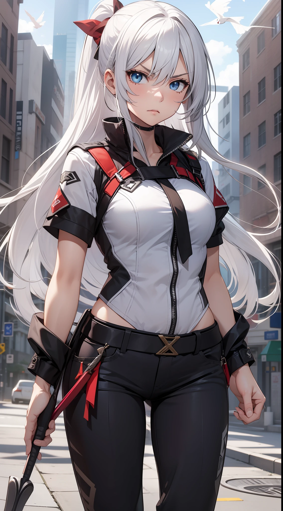 Adult girl, long white hair, high ponytail, blue eyes, angry, dove general's clothes, black trousers, spear, masterpiece, high quality