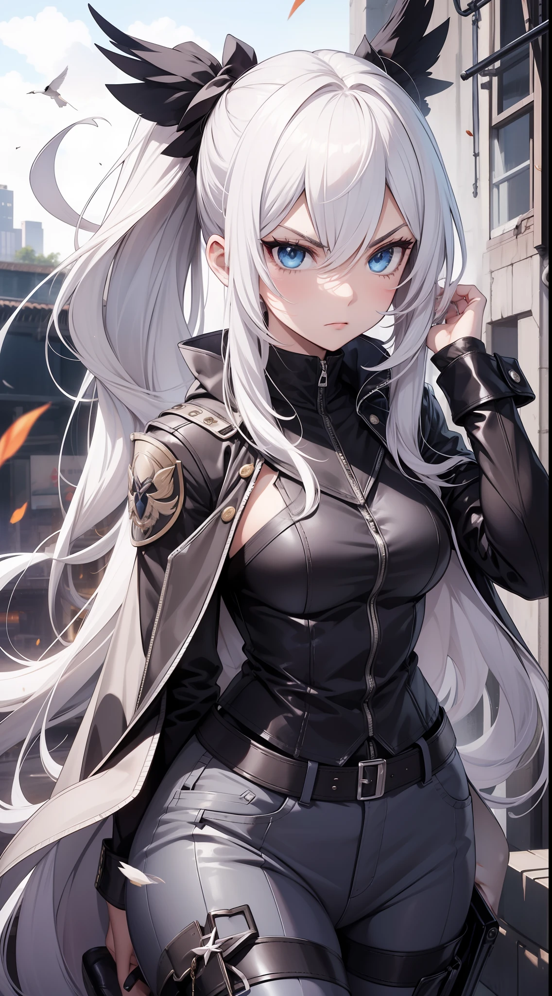 Adult girl, long white hair, high ponytail, blue eyes, angry, dove general's clothes, black trousers, spear, masterpiece, high quality