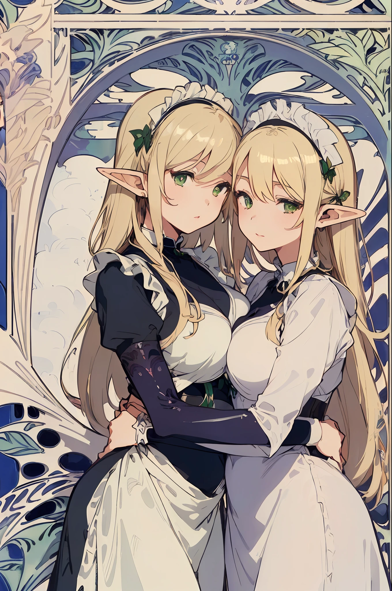 ((2girls)), (((elf woman))), ((((shiny blonde long straight)), (middle breasts), ((maid clothes)), green eyes, close eyes, (hug), (((Art Nouveau background))))