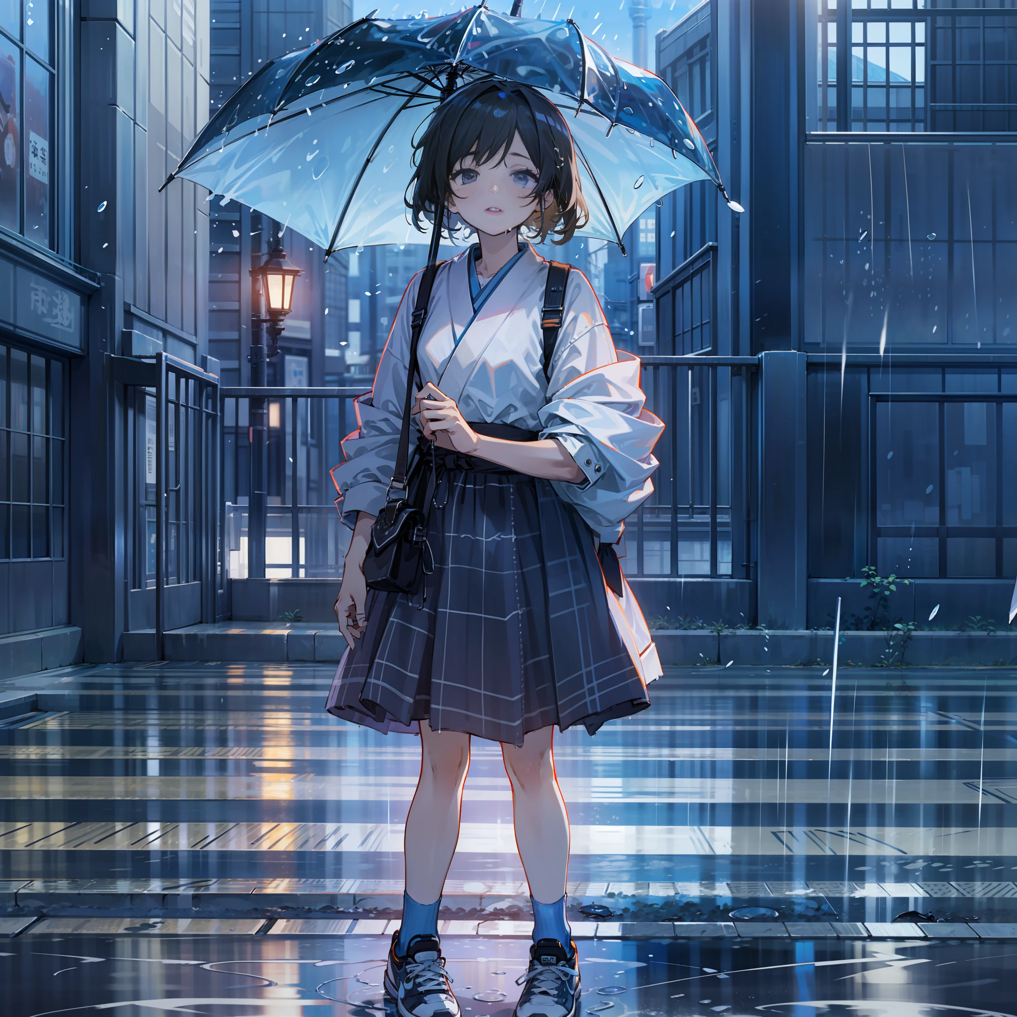 Masterpiece, best quality, high quality, very detailed CG unified 8k wallpaper, handsome girls Nike shoes, hat raining handsome, standing, city, tokyo rain car bokeh, depth field