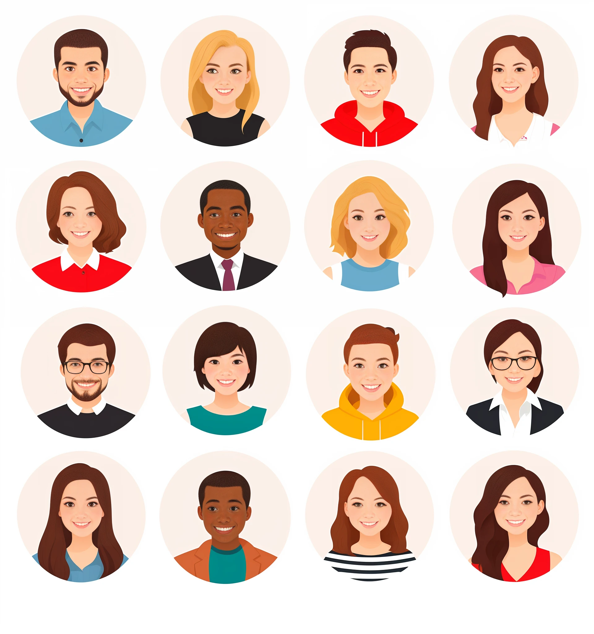 Group of people with different facial expressions and hairstyles, Asian, gender mixed, professional profile picture, Whitney Sherman, high quality portrait, cartoon style illustration, diverse faces, character faces, highly detailed people, medium portrait, detailed people, colorful character faces, cartoon illustration, website avatar, detailed realistic smiley faces, by Aya Goda