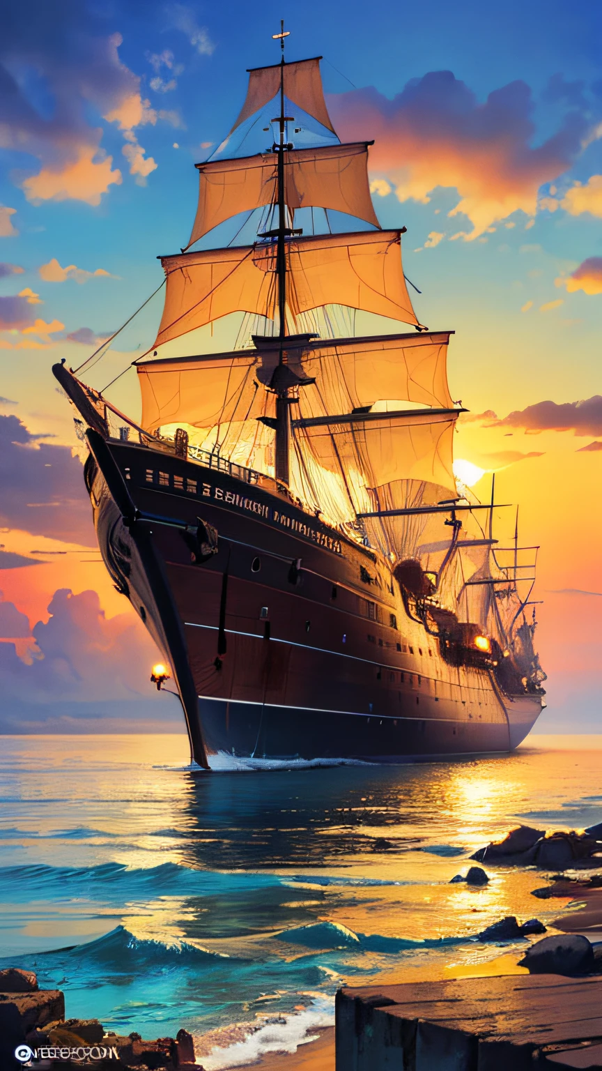 painting of a ship in the ocean with a sunset in the background, detailed cover artwork, amazing wallpaper, pirate ship, old pirate ship, gothic ship on ocean, 4k highly detailed digital art, burning ships, inspired by gaston bussiere, by Roman Bezpalkiv, detailed painting 4 k, by Arthur Pan, by Aleksander Gine