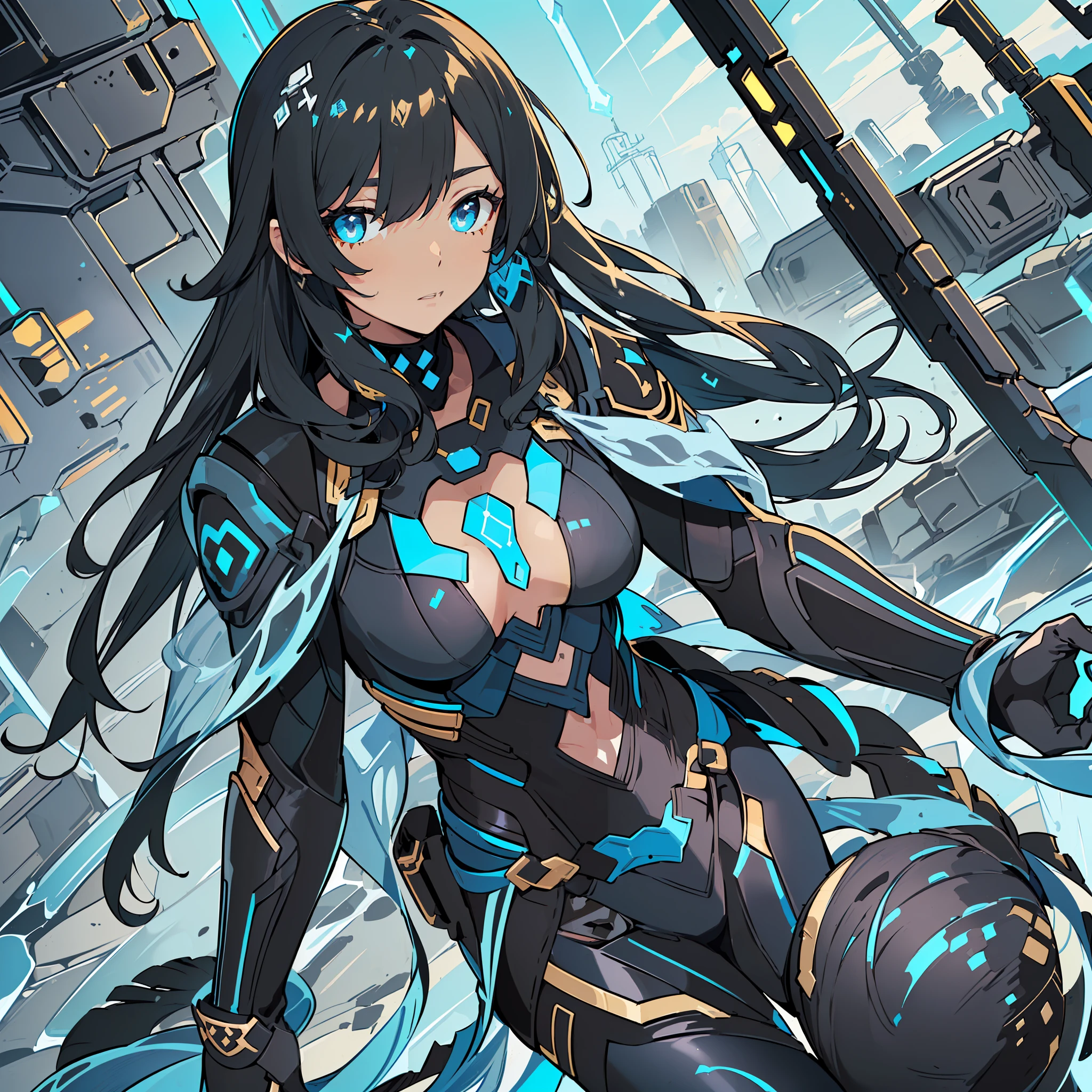 ((((Jean Genshin Impact))))), (((Flat Chest)))Female, (((Brown Skin)))), (((Long Dark Blue Hair with Fringe Covering One Eye))))), Light Blue Eyes, ((((((((Black Battle Tech Suit Covering All Body)))))), Clothes Are Mostly Black in Color, but with Blue and White Parts