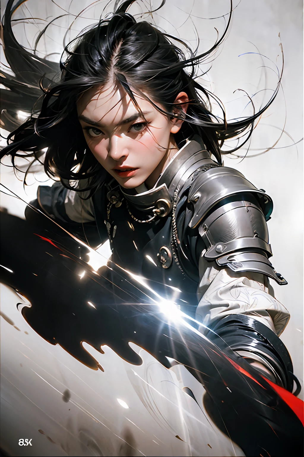 (RAW photo, best quality), (realistic, photorealistic: 1.3), extremely delicate and beautiful, amazing, small detail, masterpiece, ultra-detailed, high resolution, (best illustration), (best shadow), intricate, (male: 1.4), armor, sword, long hair, black hair, holding gun, blood, sword. (dynamic pose), holding, armguards, blood on the gun, tabi, floating hair, full body, costume, brushstrokes, explosions, overexposure, ((watercolor painting by John Berkey and Jeremy Mann)) brushstrokes, negative space, splash of red paint, in the style of bold urban realism, violent and savage works of art with a satirical edge, intense energy (mist: 1.4), sharp focus, volumetric fog, 8k UHD, DSLR, high quality (film grain: 1.4), Fujifilm XT3, black and red printing background tones, motion blur, upper body
