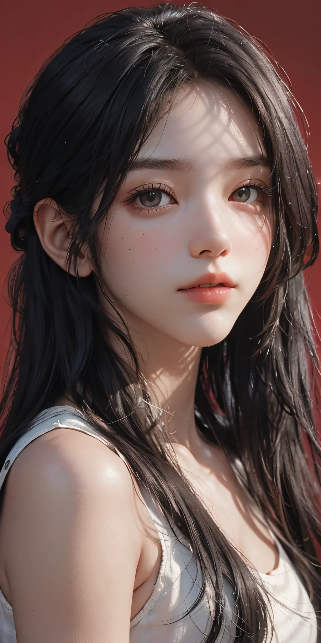 a 20 yo woman,long hair,dark theme, soothing tones, muted colors, high contrast, (natural skin texture, hyperrealism, soft light, sharp),red background,simple background,