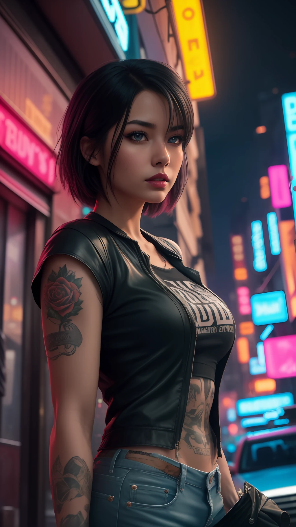 Close-up, a beautiful stylish fashion russian black-haired girl, tattered outfit, short chelsea side cut hair, punk outfit, pink outfit, lipstick, action movie scene,cinematic blade runner dystopian scene, night, bustling with neon signs, blade runner aesthetics, crowded with people,movie cinematography,trash gang, attractive person,high emphasis on detail,wearing weather tech gear,trash gang, tattoos,night life,full of life ,trash gang , action movie shot by Kon Satoshi, style Semi Impasto, matte painting, atmospheric, glowing, dramatic lighting, beautiful eyes, symmetric eyed, perfect eyes