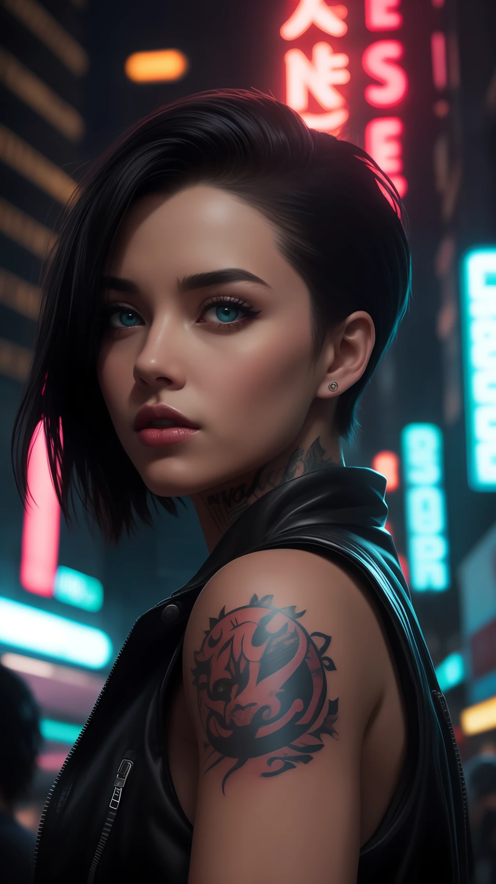 Close-up, a beautiful stylish fashion russian black-haired girl, tattered outfit, short chelsea side cut hair, punk outfit, pink outfit, lipstick, action movie scene,cinematic blade runner dystopian scene, night, bustling with neon signs, blade runner aesthetics, crowded with people,movie cinematography,trash gang, attractive person,high emphasis on detail,wearing weather tech gear,trash gang, tattoos,night life,full of life ,trash gang , action movie shot by Kon Satoshi, style Semi Impasto, matte painting, atmospheric, glowing, dramatic lighting, beautiful eyes, symmetric eyed, perfect eyes