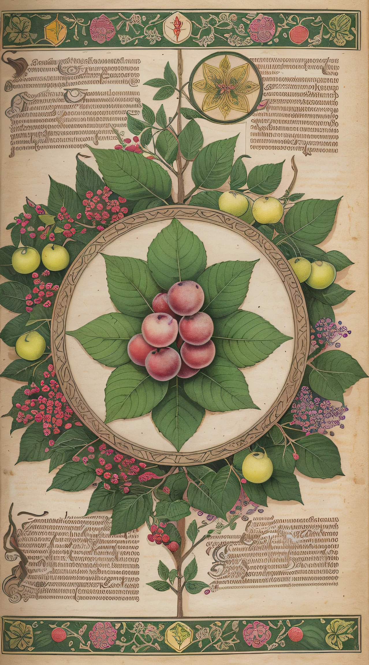 Detailed illustration of the medieval herbal manuscript page with the logo of the yo-yo, with the illustration of the fruit tree of the green plum fruit, with berry and fruit illustrations, intricate text, extremely high detail, aerial view from above, centered, no one, no one