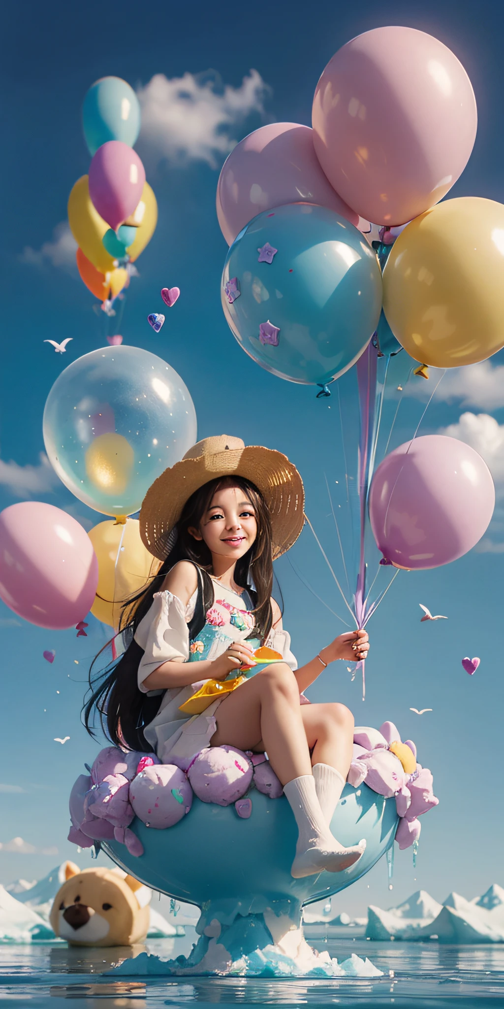 A girl sitting on a giant ice cream, which is adorned with vibrant colors, delightful frosting, and rainbow sprinkles. She holds an oversized waffle cone,shimmering candies. Floating around her are some small balloons, each tied to a petite candy. The scene is filled with sweetness and joy, showcasing the girl's happiness and the enchanting fusion of her imagination and a fantastical world,blue sky,