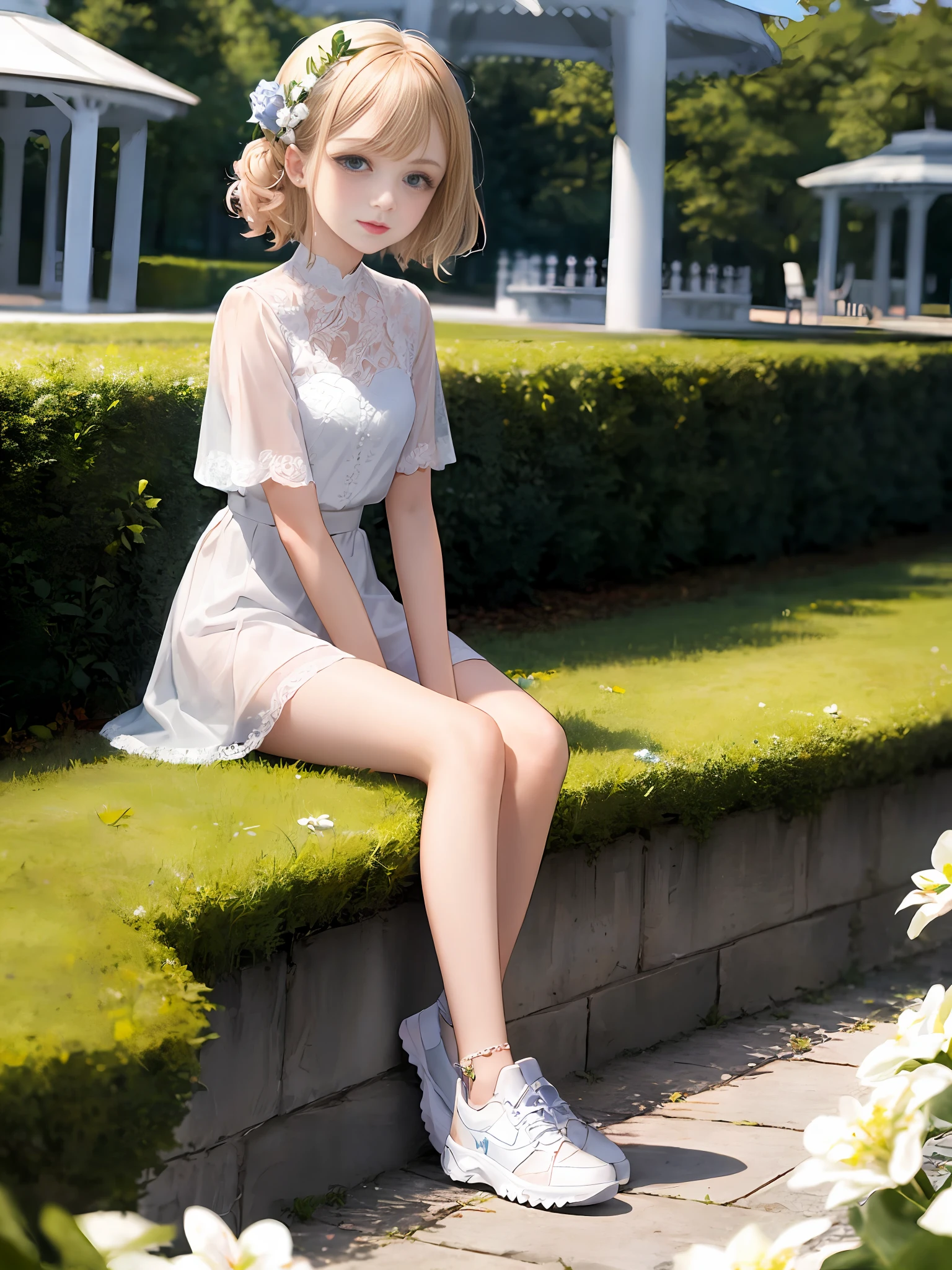 1girl, (masterpiece:1.1), (best quality:1.1), (white blouse:1.1), BREAK [blue:pink:0.5] theme, cowboy shot, full body, sideways perspective, looking at the audience, break blonde hair, curly hair, blue eyes, white flowers on head, white dress, white sneakers, sitting position, gazebo background,