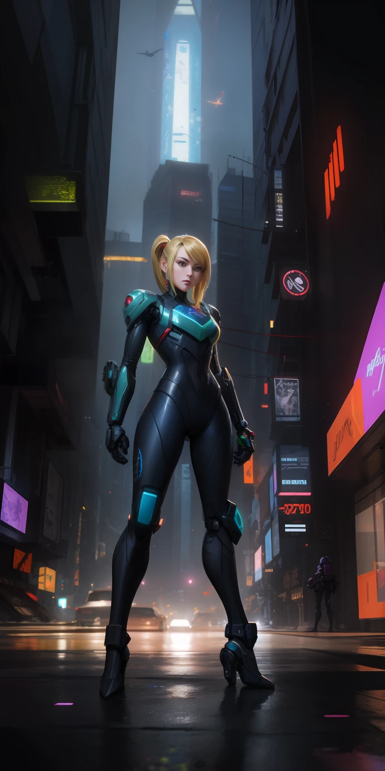 "Type of Image: Fan Art Subject: Samus Aran, the intergalactic bounty hunter from the Metroid series, in a cyberpunk reimagining. Samus is depicted in her powered armor suit, which is enhanced with hyper-futuristic, cyberpunk elements such as neon highlights, detailed mechanical augmentations, and various technological gadgets. She stands on a skyscraper's ledge in a sprawling cityscape with monolithic megastructures, neon billboards, and a swarm of flying vehicles in the background. Art Styles: Cyberpunk, Futuristic Art Inspirations: Syd Mead, Josan Gonzalez."
