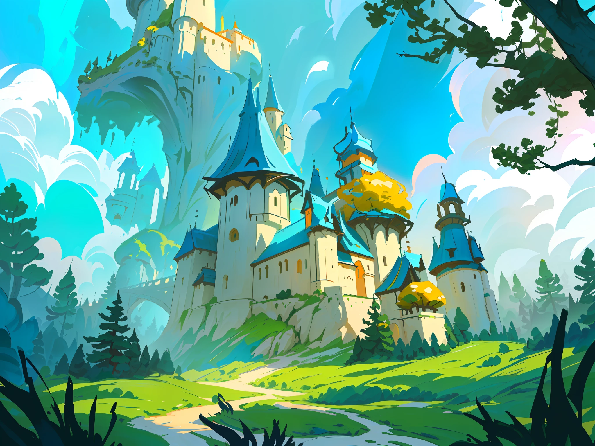 A mushroom castle in the forest, with yellow mushrooms and blue mushrooms, blue sky and white clouds, meadow, cartoon style, clean colors, bright colors, CG illustration, HD, cartoon illustration in front of the castle in mushroom style, magical fantasy 2 D concept art, fairy tale illustration style, children's art in ArtStation, fairy tale style background, fantasy game art style, beautiful artwork illustration, fantasy world concept, colorful concept art, digital 2D fantasy art, background art, Mobile game art, fairy tale artwork