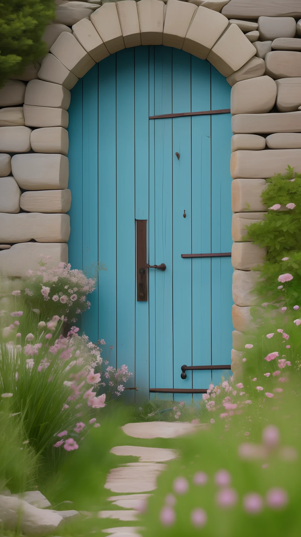 The close-up view is a shabby half-open wooden door, through which you can see the unknown flowers of the yard, the low stone wall, the rural ruin, realism, photos, movie scenes, 8k, real light
