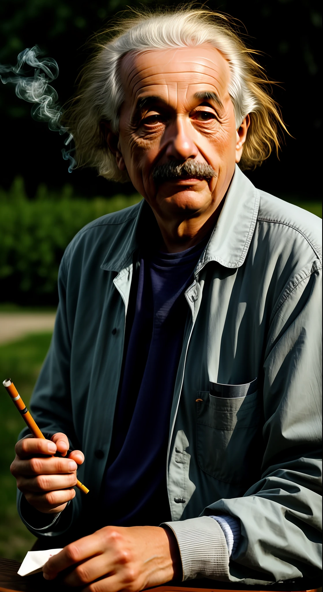 Albert Einstein Smoking a Pot::1.7 realistic::1.8 photorealistic::2 dusk::1 telephoto lens::1 defocus::-0.5 --v 4 --seed 0875486