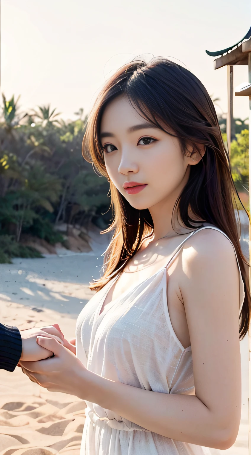 ((Realistic lighting, best quality, 8k, masterpiece: 1.3)), Chinese couple holding hands, clear focus: 1.3, clear sky, sand, sunset, (HDR: 1.5).