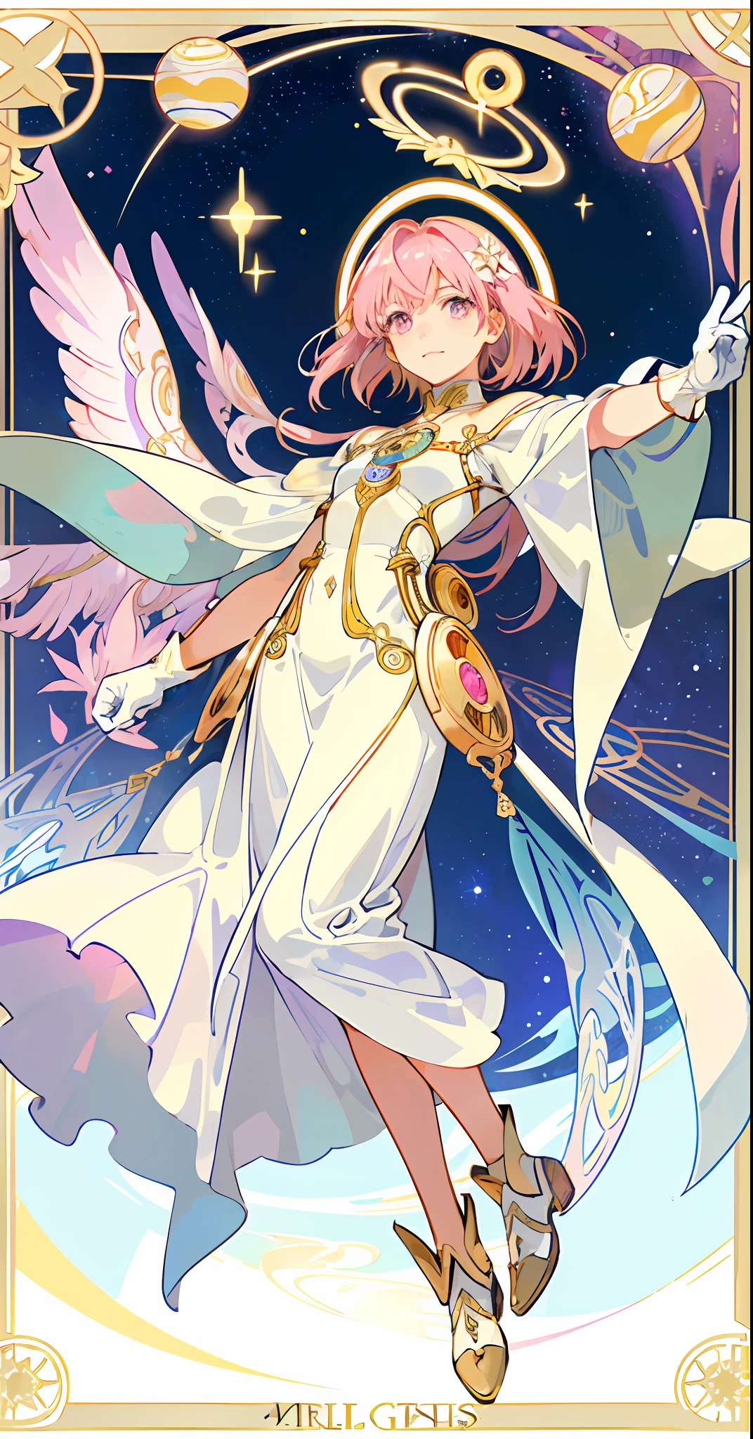 ((masterpiece,best quality)),(1girl, solo:1.4),beautiful detailed eyes, vivid, cinematic light, full_body, pink_flowers, (tarot_card), intricate, detailed background, looking_at_viewer, Madoka Kaname, hands reaching out, (flat chest), (walking), casual pose, posing, (white_gloves), (pink_eyes), white feathers, sparkles, glitter, celestial, outerspace, by alphonse mucha, (gold frame), halo, (tarot border)