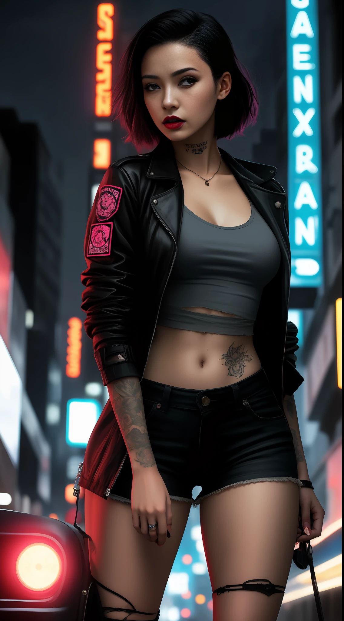 Close-up, a beautiful stylish fashion russian black-haired girl, tattered outfit, short chelsea side cut hair, punk outfit, pink outfit, lipstick, action movie scene,cinematic blade runner dystopian scene, night, bustling with neon signs, blade runner aesthetics, crowded with people,movie cinematography,trash gang, attractive person,high emphasis on detail,wearing weather tech gear,trash gang, tattoos,night life,full of life ,trash gang , action movie shot by Kon Satoshi, style Semi Impasto, matte painting, atmospheric, glowing, dramatic lighting, beautiful eyes, symmetric eyed, perfect eyes