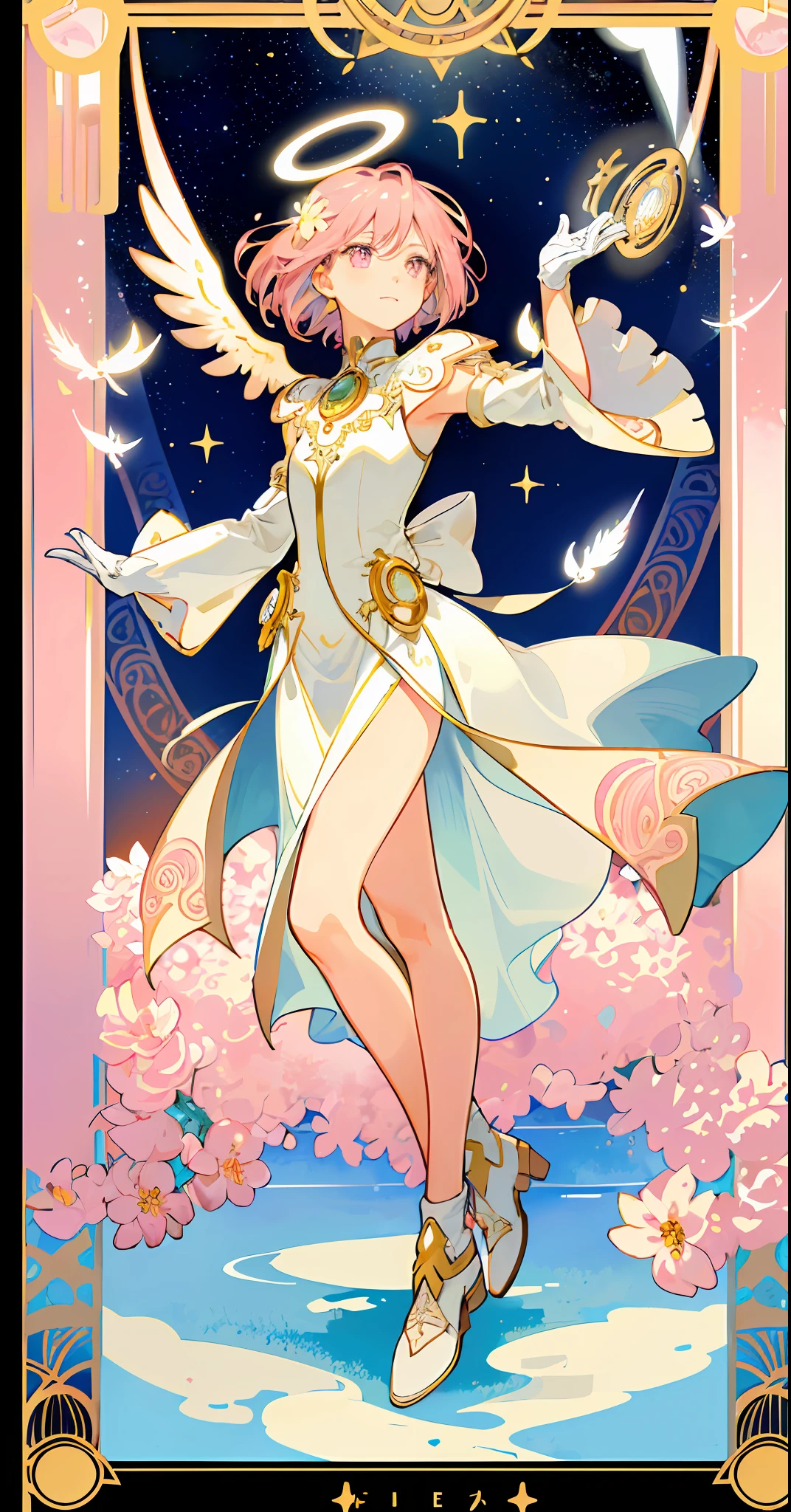 ((masterpiece,best quality)),(1girl, solo:1.4),beautiful detailed eyes, vivid, cinematic light, full_body, pink_flowers, (tarot_card), intricate, detailed background, looking_at_viewer, Madoka Kaname, hands reaching out, (flat chest), (walking), casual pose, posing, (white_gloves), (pink_eyes), white feathers, sparkles, glitter, celestial, outerspace, by alphonse mucha, (gold frame), halo, (tarot border)