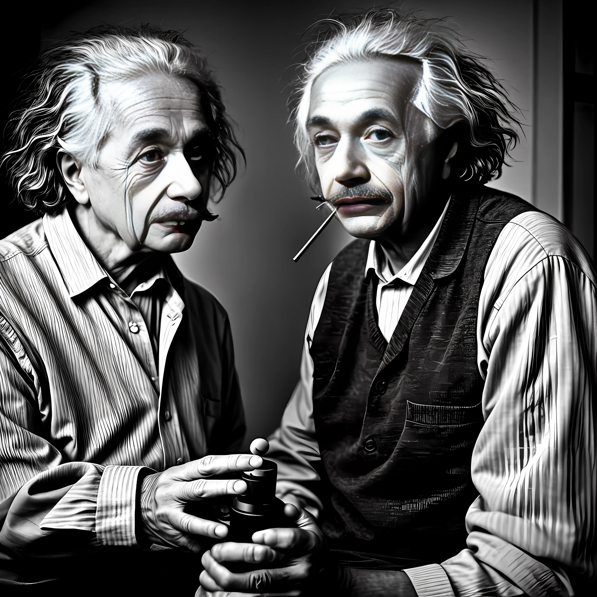 Albert Einstein Smoking a Pot::1.7 realistic::1.8 photorealistic::2 dusk::1 telephoto lens::1 defocus::-0.5 --v 4 --seed 0875486