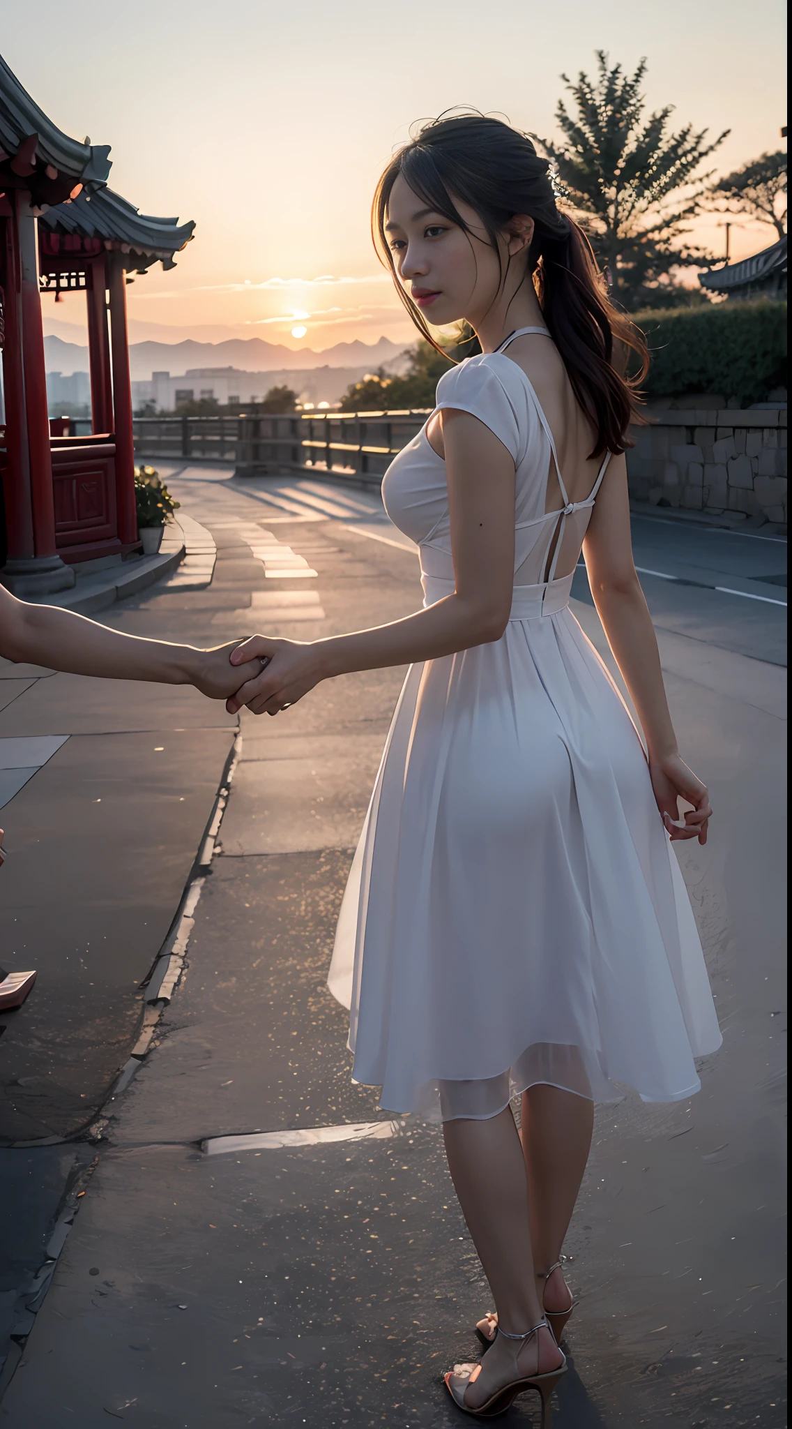 ((Realistic lighting, best quality, 8k, masterpiece: 1.3)), clear sky, outdoors, sunset, (HDR: 1.5), China, couple holding hands, (clear focus 1.3)