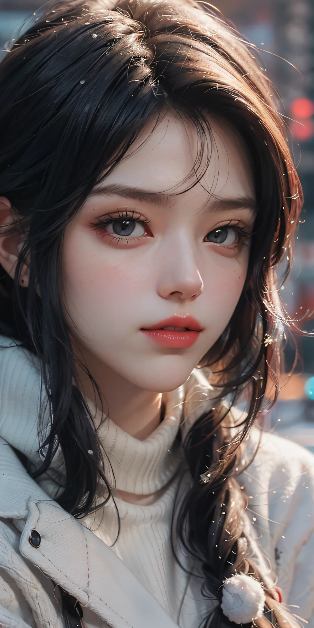 professional portrait photograph of (st3llam4xwell:0.99), in winter clothing, beautiful face, cute natural makeup, wearing elegant winter fashion clothing, ((standing outside in snowy city street)), stunning modern urban upscale environment, ultra realistic, concept art, elegant, highly detailed, intricate, sharp focus, depth of field, f/1. 8, 85mm, medium shot, mid shot, (centered image composition), (professionally color graded), ((bright soft diffused light)), volumetric fog, trending on instagram, trending on tumblr, hdr 4k, 8k, (closeup portrait), (red lips), (makeup)