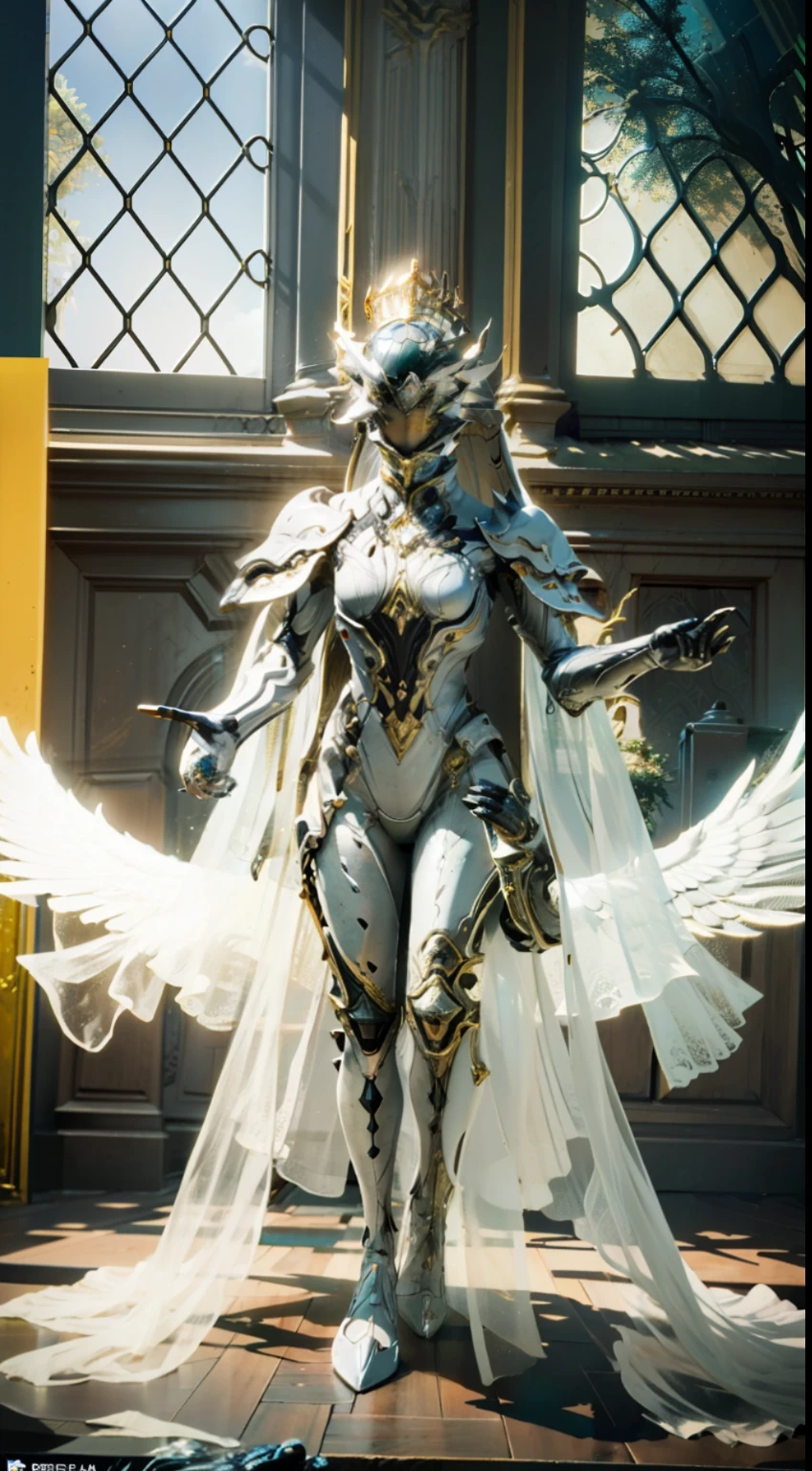 solo, super fine photo, full body picture Unreal Engine 5 8K UHD, female, white color scheme armor, orchid color see-through dress, tattoo details, majestic luxurious crown-like helmet, yellow halo on the head, royalty design, best quality, masterpiece, official art, unified 8k wallpaper, high detailed, sharp focus, flying pose, body parts, concept character art
