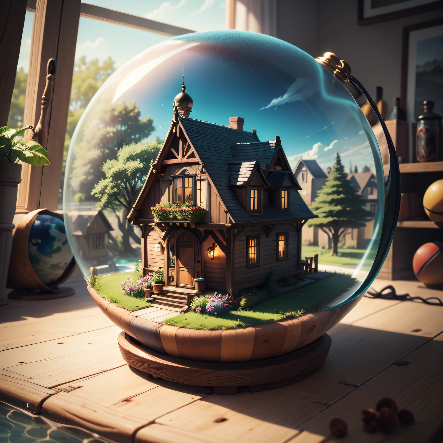 a small, summer globe with a house inside, summer, trees, and a pond