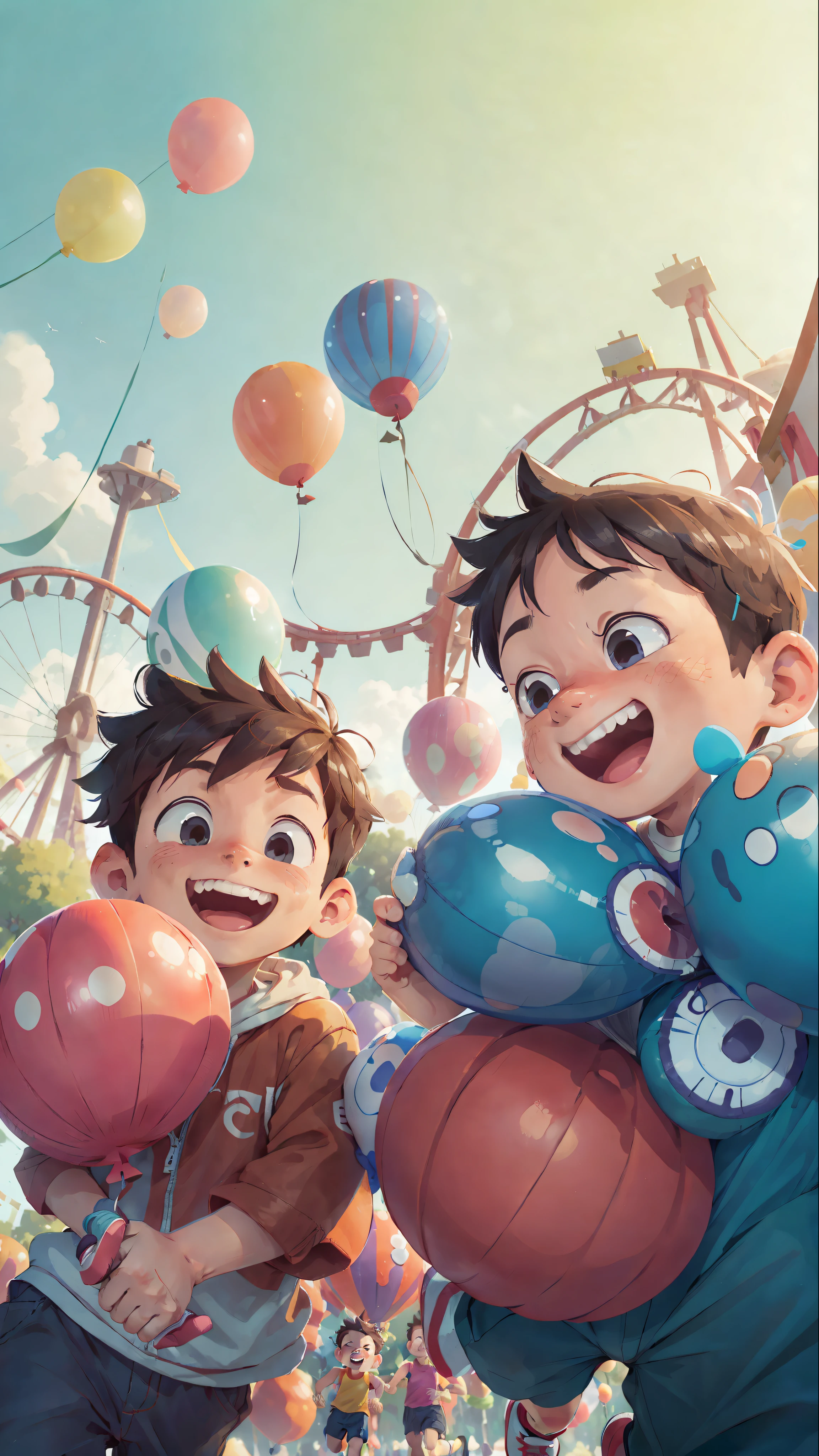 (SFW), two running boys, amusement park, holding balloons, happy, happy, perfect quality, clear focus, colorful, perfect face, intricate details, ultra-low viewing angle, wide angle lens --v 6