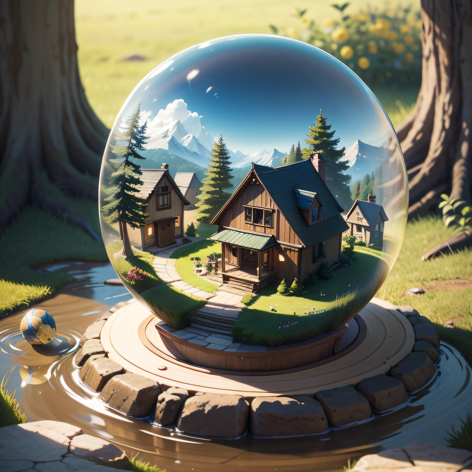 a small, summer globe with a house inside, summer, trees, and a pond